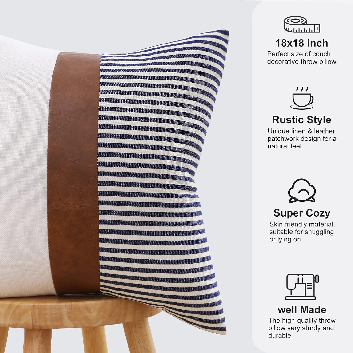 Mecatny Set of 2 Faux Leather Throw Pillows 18x18 with Inserts, Boho Striped Farmhouse Outdoor Pillows, Decorative Accent Cushions for Couch, Patio & Living Room, Navy