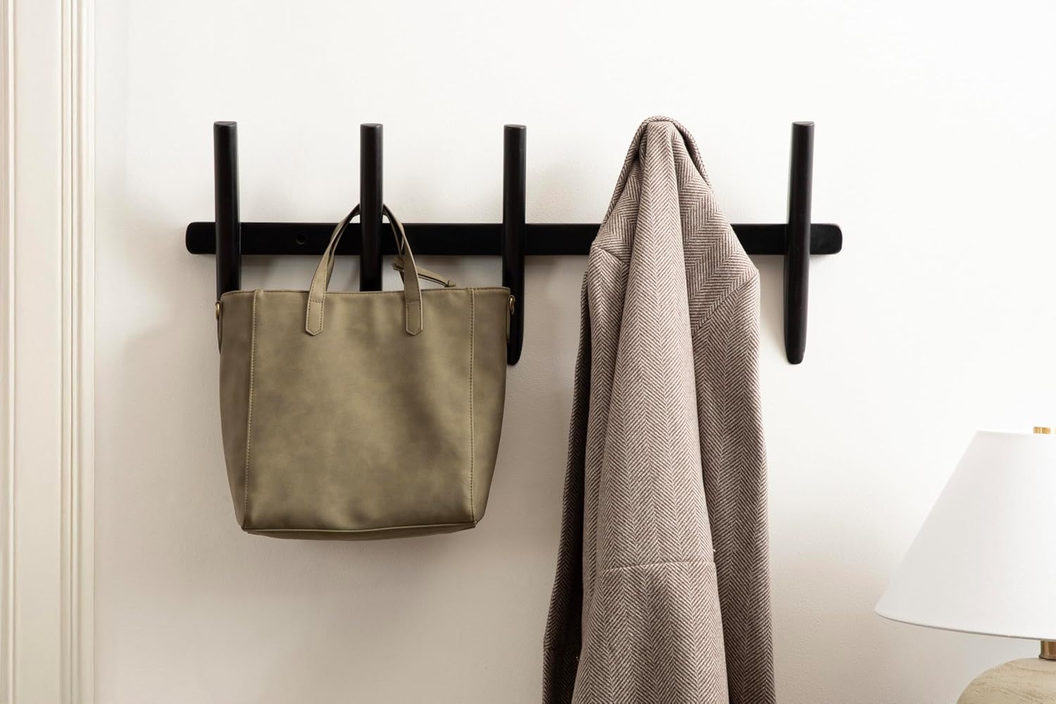 Kate and Laurel Eland Modern Five-Hook Wall Hanging Coat Rack; 30 x 4 x 12; Black; Decorative Wood Coat Rack Wall Mount for Use as Entryway Storage or Mudroom Hooks
