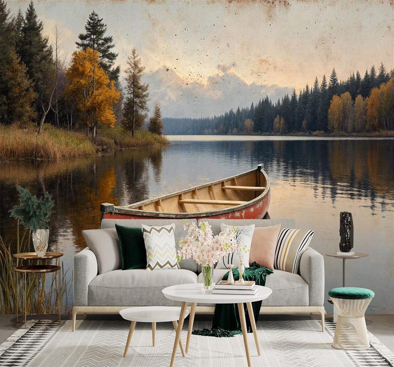 XLMING Canoe Rural Lake Autumn Forest Reflection Wooden Jetty 3D Wallpaper Premium Textured Silk Study Dining Living Room Bedroom Sofa TV Wall Easy Install-250cm×170cm