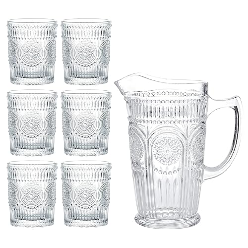 Kingrol 6 Pack 9.5 oz Romantic Water Glasses with Pitcher,