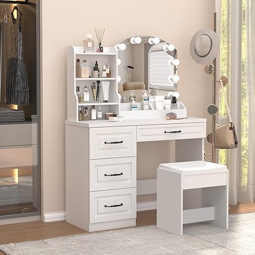Miniatura 9 de Vabches Makeup Vanity Desk with Mirror and Lights & Power Outl,White Dressing Table 3 Lighting Colors, 4 Drawers, Makeup Vanity Set for Bedroom