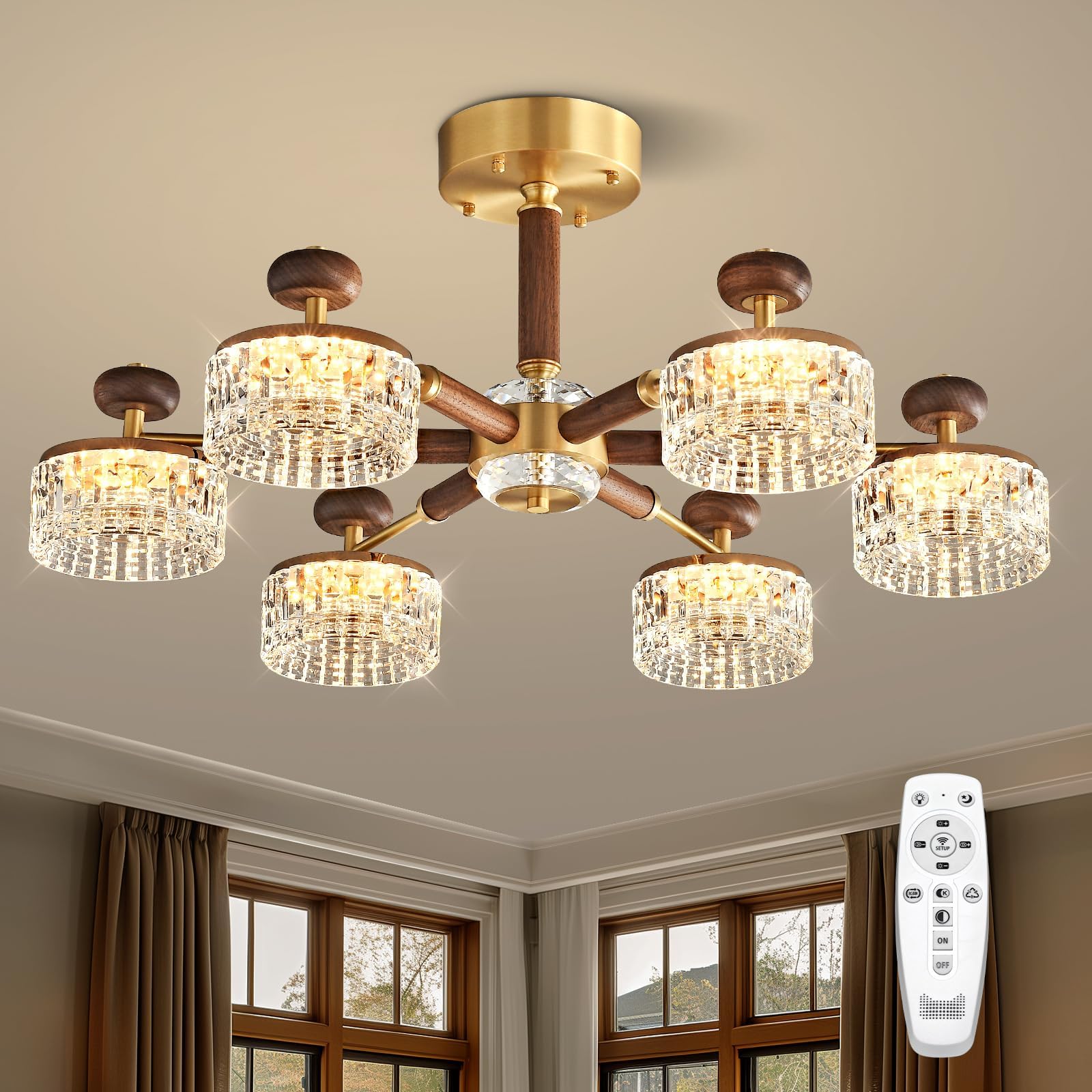 - Wood Semi Flush Mount Ceiling Light, 6-Light Walnut and Brass Chandelier, LED Modern Sputnik Chandeliers for Dining Room, Bedroom, Living Room, Dimmable 3000K-6000K with Acrylic Shades