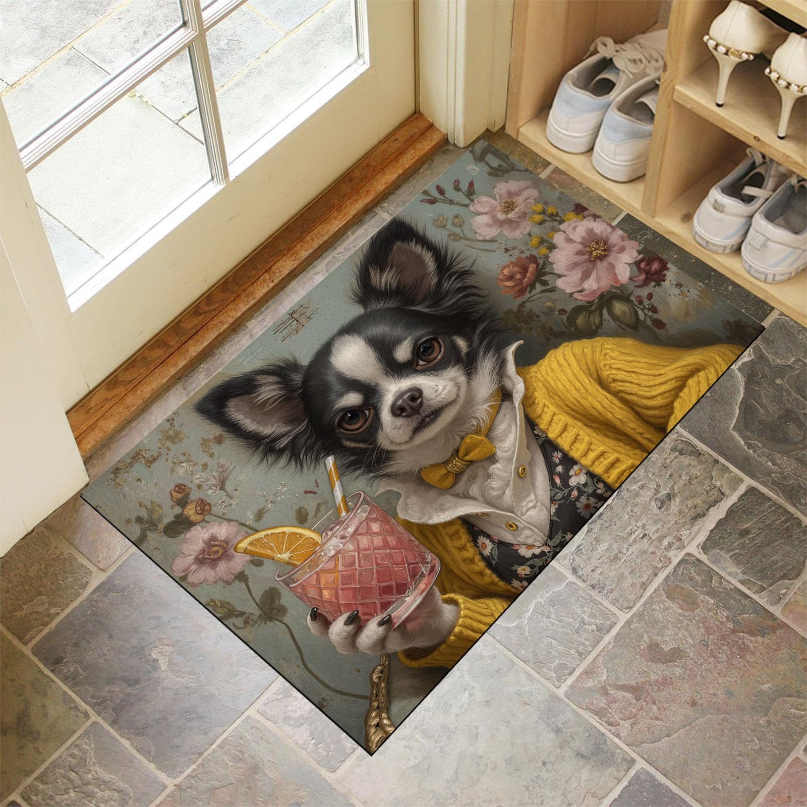 Paillasson d'entrée 60x90 cm vert clair | Tapis de porte lavable motif chien pour couloir