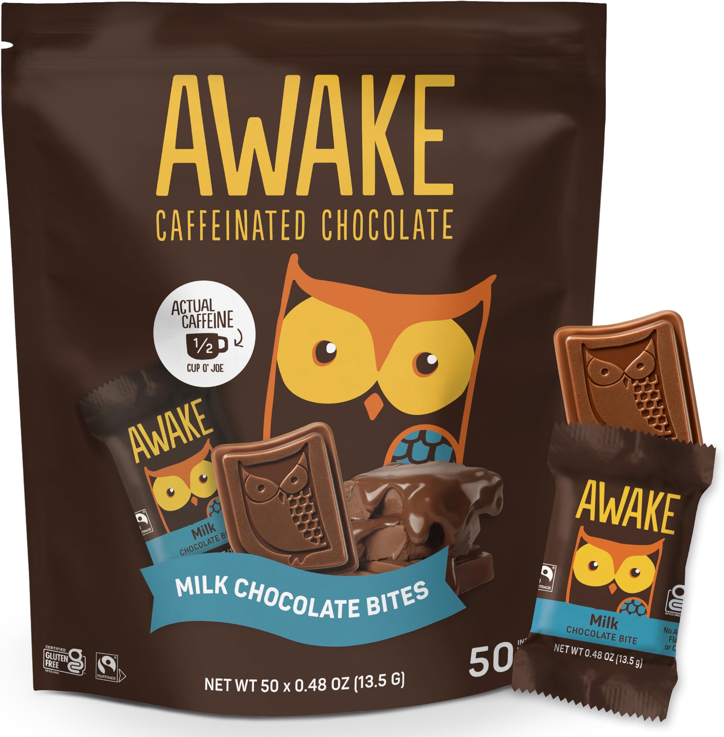 - AWAKE - Caffeinated Chocolate Bites - Milk Chocolate, 50 Bites - 50mg Caffeine - Individually Wrapped Energy Bites - Coffee Alternative - Fairtrade, Gluten Free, Non GMO - 0.48oz