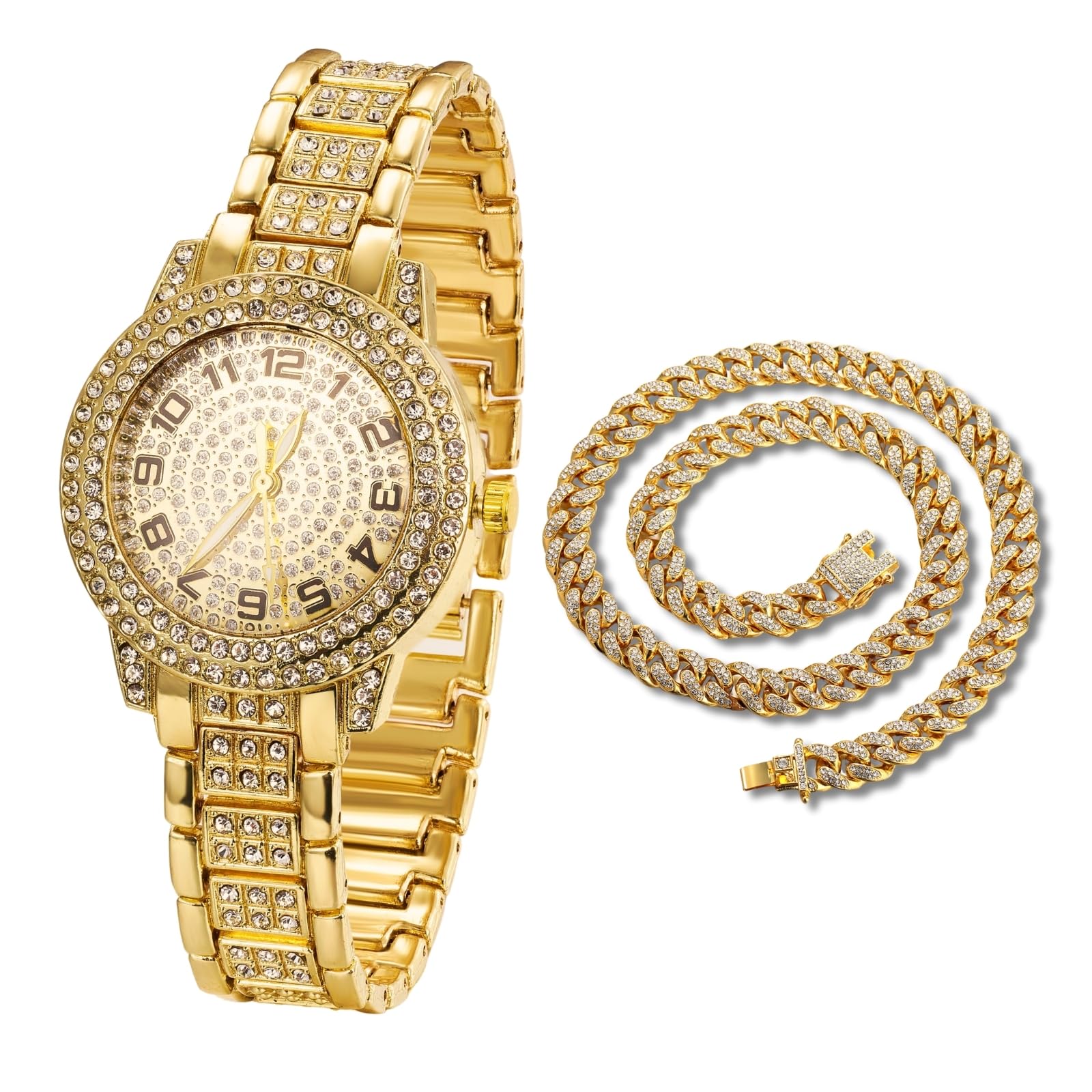 Halukakah Diamanten Gold Uhr Iced Out für Jungen - 18K Echtgold/Platin Platiniert,Rundes Zifferblatt mit Arabischen Zahlen - 19.5cm Länge - Optional mit Cuban Gliederkette - für Geburtstage,Partys