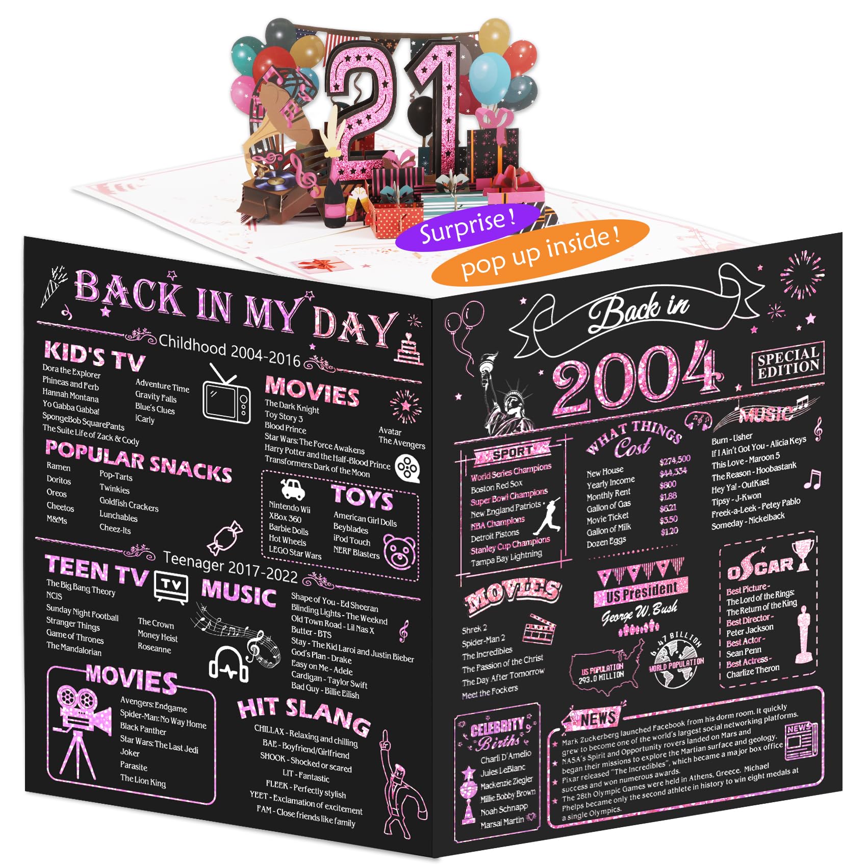 OLOSONG 21st Birthday Card for Girls Her, Jumbo 3D Pop Up 21st Birthday Gifts, Back In 2004 Happy 21 Year Old Birthday Decorations Cards Card for Daughter Granddaughter, Rose Gold