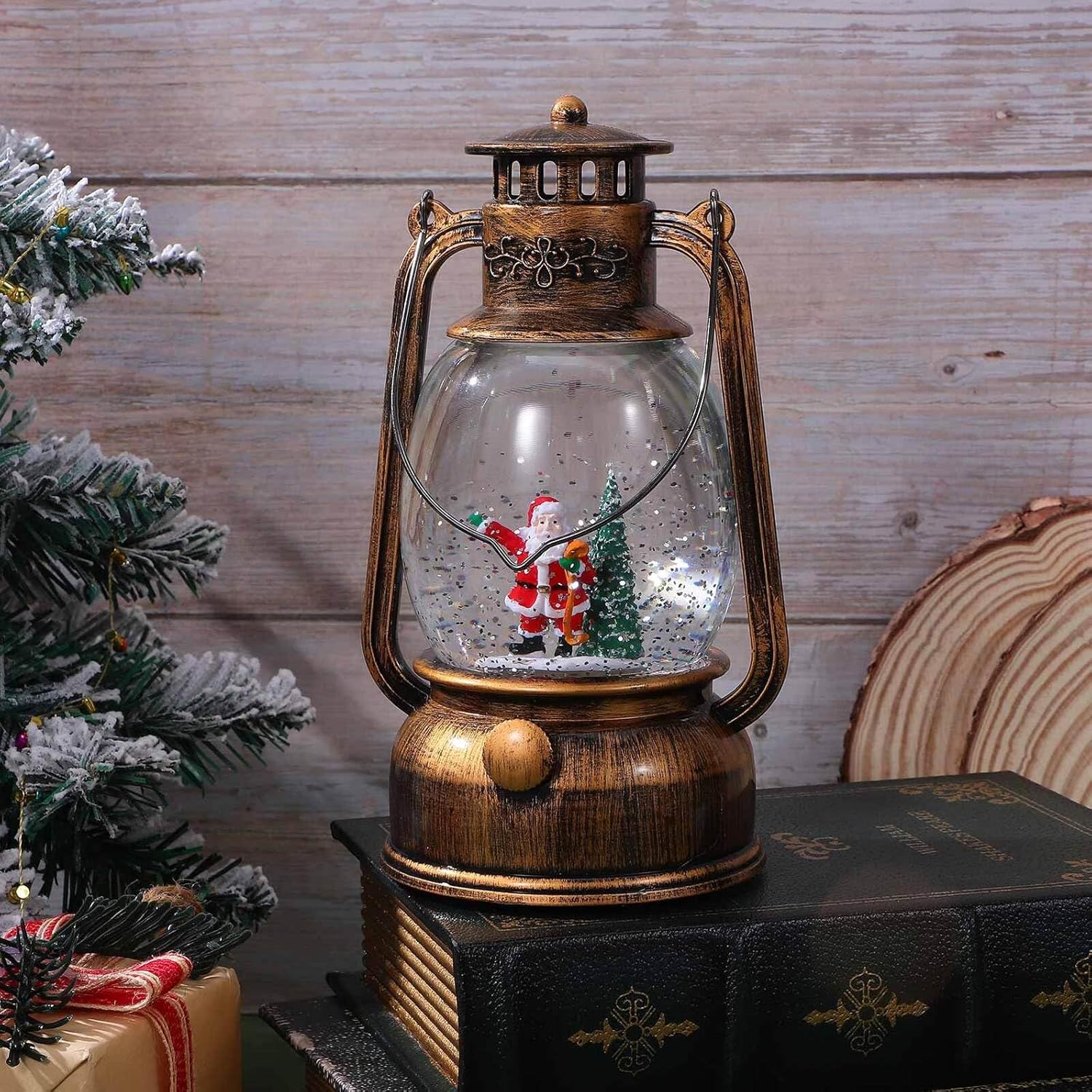Musical Christmas Snow Globe Lantern with Santa Claus and Glittering Water Globe, Lighted Music Box Desktop Decoration, USB and Battery Operated Holiday Accent for Indoor Home