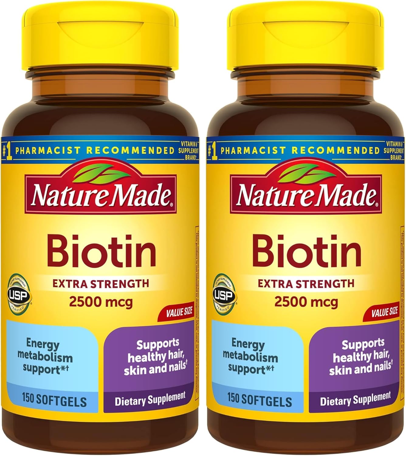 Nature Made Biotin 2500 mcg Extra Strength, Biotin Supplements Support Healthy Hair Skin & Nails, 150 Softgels, 150 Day Supply, (Pack of 2)