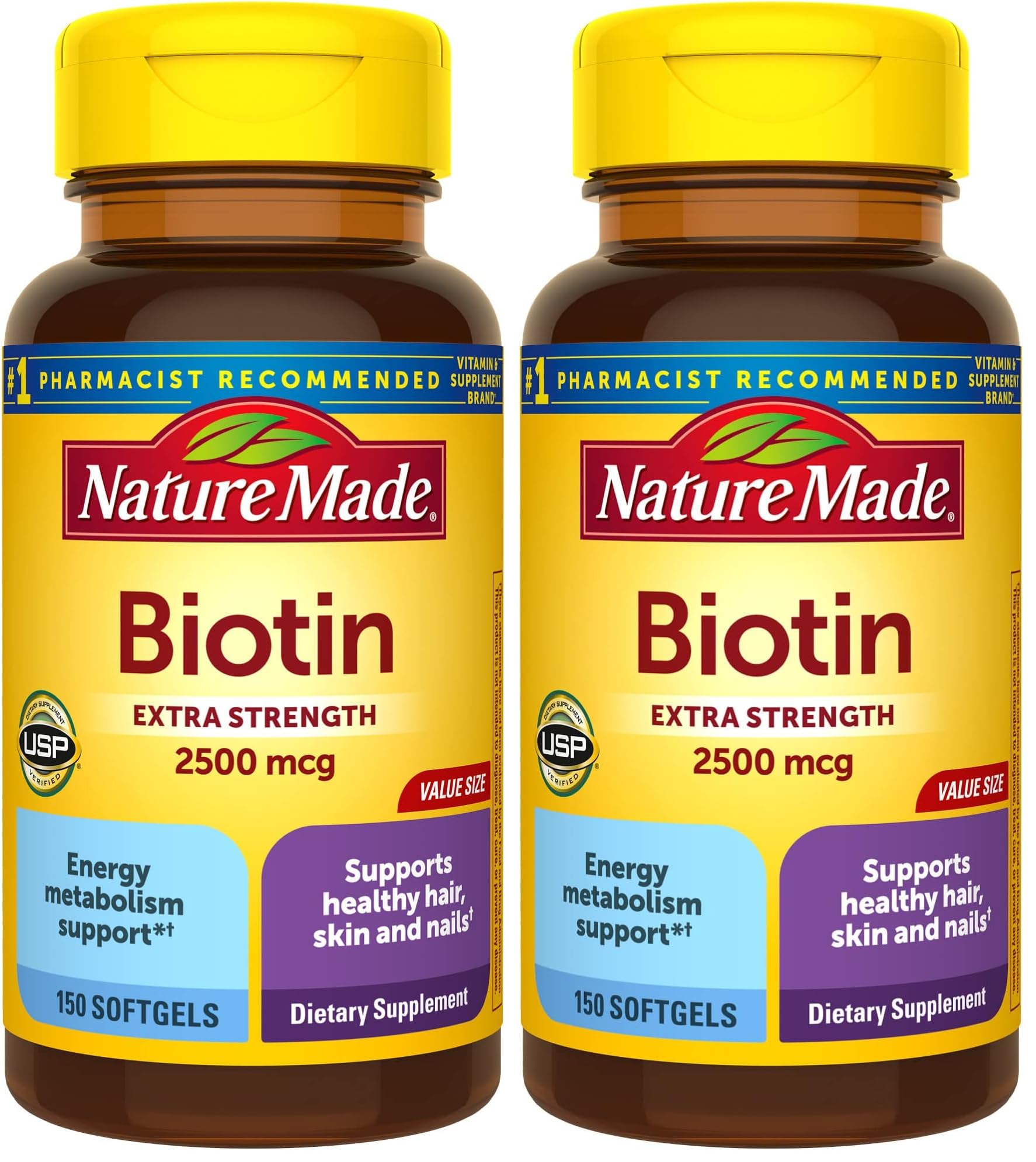 Nature Made Biotin 2500 mcg Extra Strength, Biotin Supplements Support Healthy Hair Skin & Nails, 150 Softgels, 150 Day Supply, (Pack of 2) 150 Count (Pack of 2)
