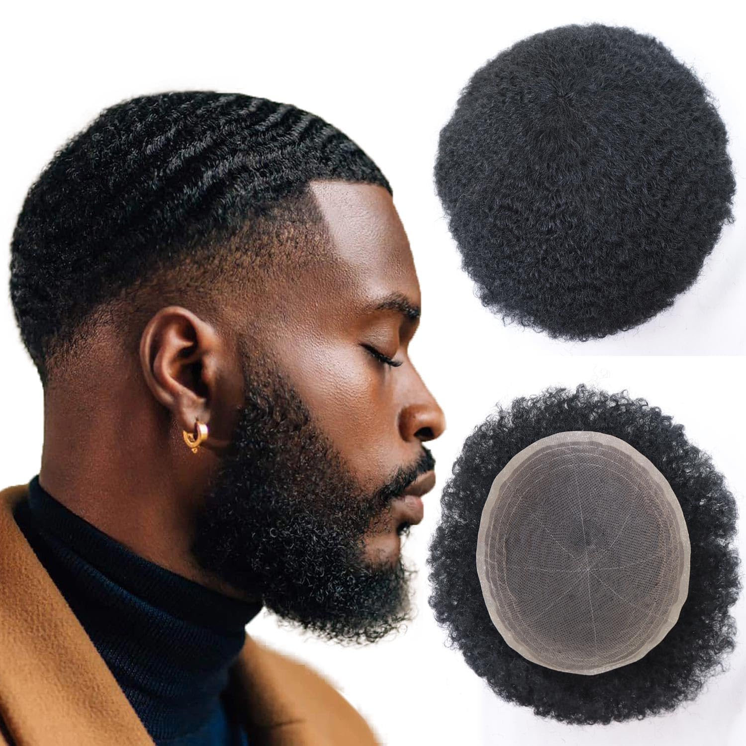 HAPPY&CC Men Unit Real Human Hair Afro Curl Toupee for Black Men French Lace Kinky Curly African American Mens Wigs Hair Replacement System 6mm #1 Jet