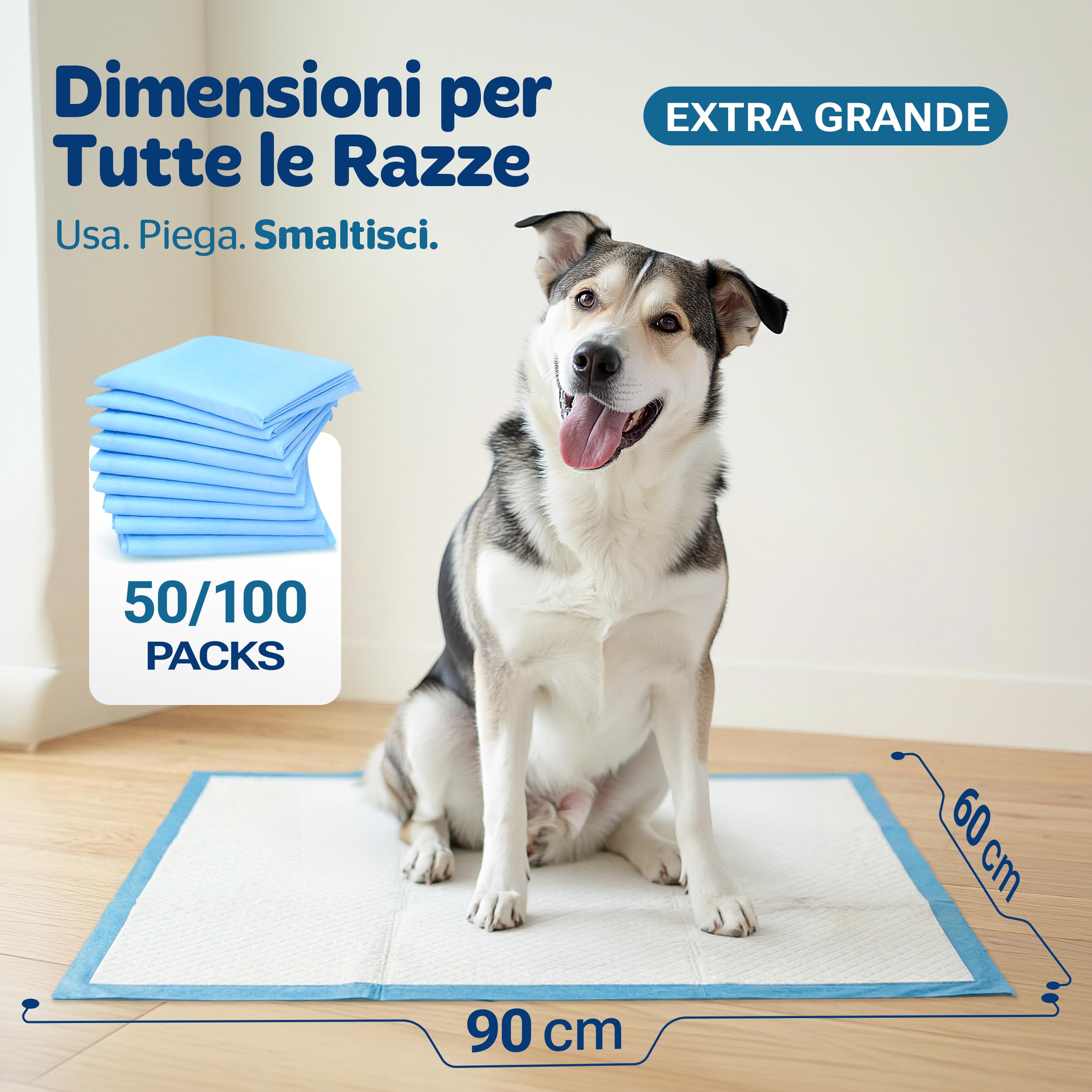 PORTENTUM Traversine cani 90x60 cm 100 pezzi – Tappetini igienici per cani 6 strati assorbenti antifuga con controllo degli odori – Tappetini cane per addestramento
