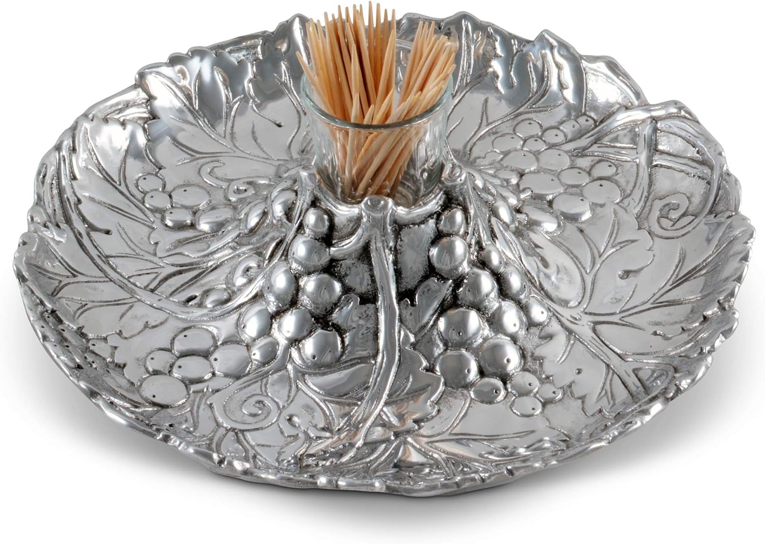 Arthur Court Aluminum Metal Grape Pattern Tidbit Cheese Hors d'oeuvres Tray with Glass for Toothpick - Entertaining Small Platter 10 inch Diameter x 2.25 inch Tall