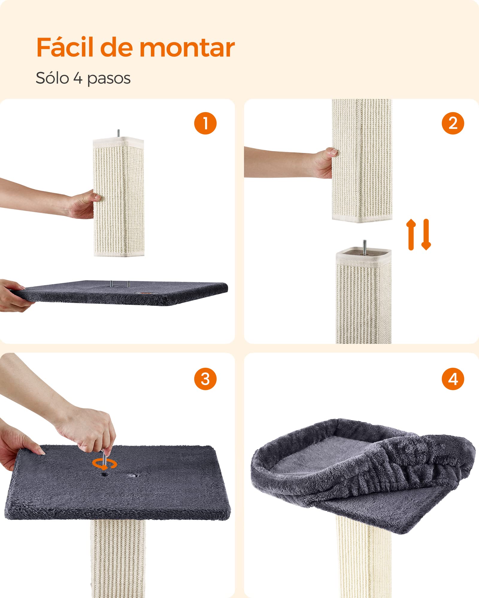 Feandrea Árbol para Gatos, Rascador de Felpa 40 x 30 cm, 71 cm de Altura, Columna con Sisal Tejido, Base de 45 x 40 cm, con Pompón, Gris Oscuro PCA022G01