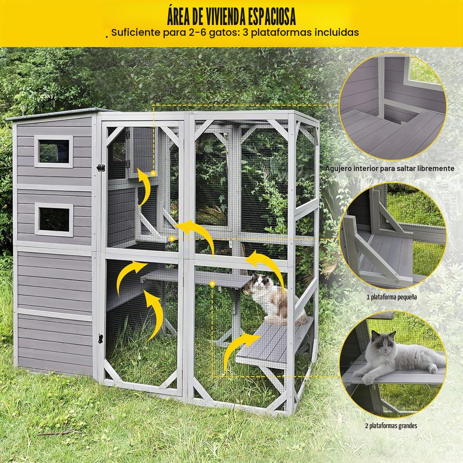 Casa para gatos al aire libre Catio con 4 niveles para gatos, jaula grande para gatos para interiores y exteriores, con techo resistente a la intemperie y habitación espaciosa