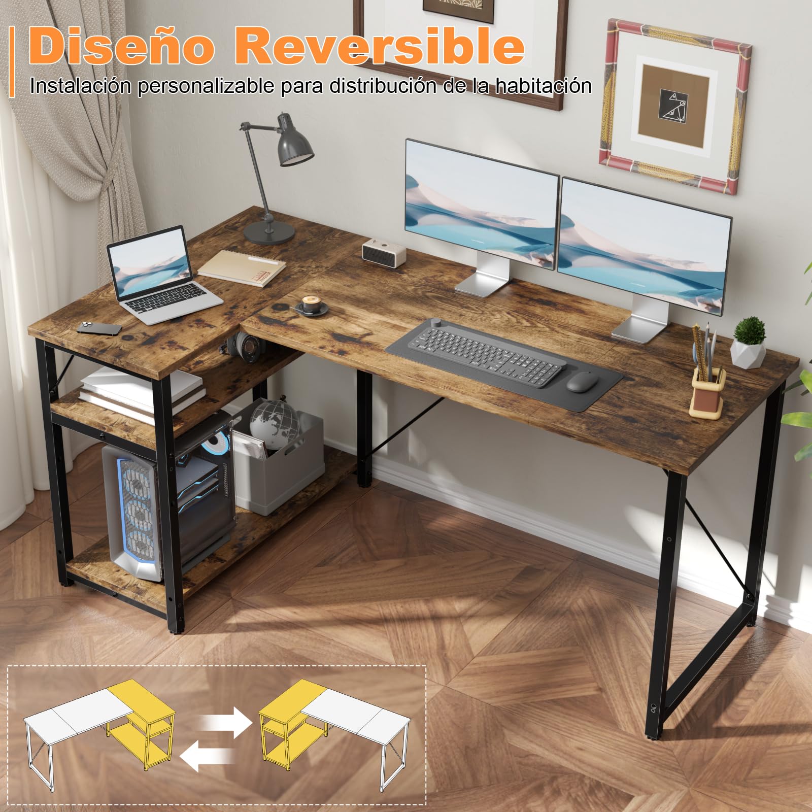 TRIUMPHKEY Escritorio Esquinero en L de 160x80 cm con Almacenamiento, Escritorio de Esquina con Estante Reversible, Estable Mesa Ordenador en L para Oficina, Estudio o Secretaría, Marrón