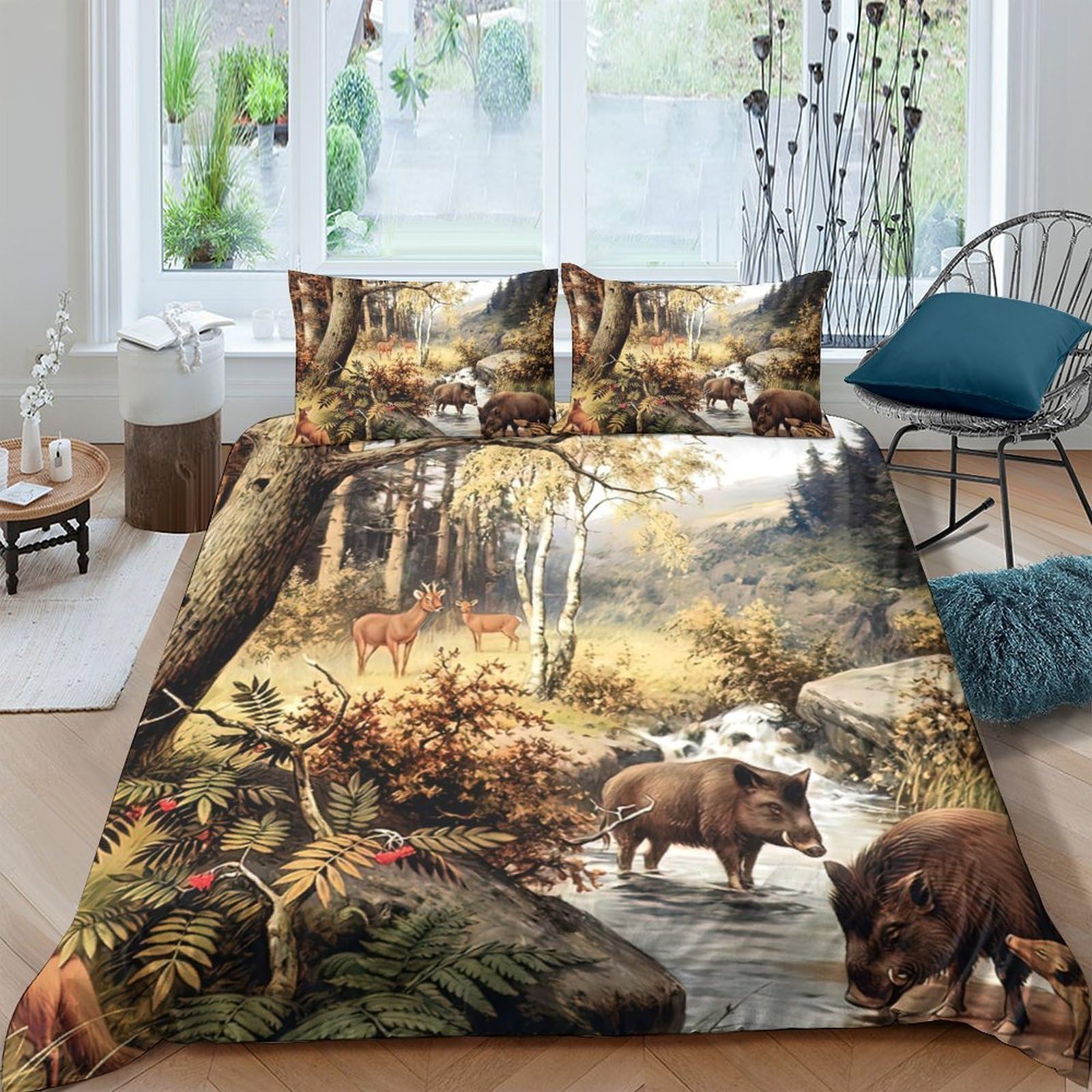 GPLZQXKJNH 3D Printed Forest Bear Duvet Cover Microfiber Soft Breathable River Scene Bedding Set with 2 Pillowcases for Bedroom Decor Single（135x200cm）