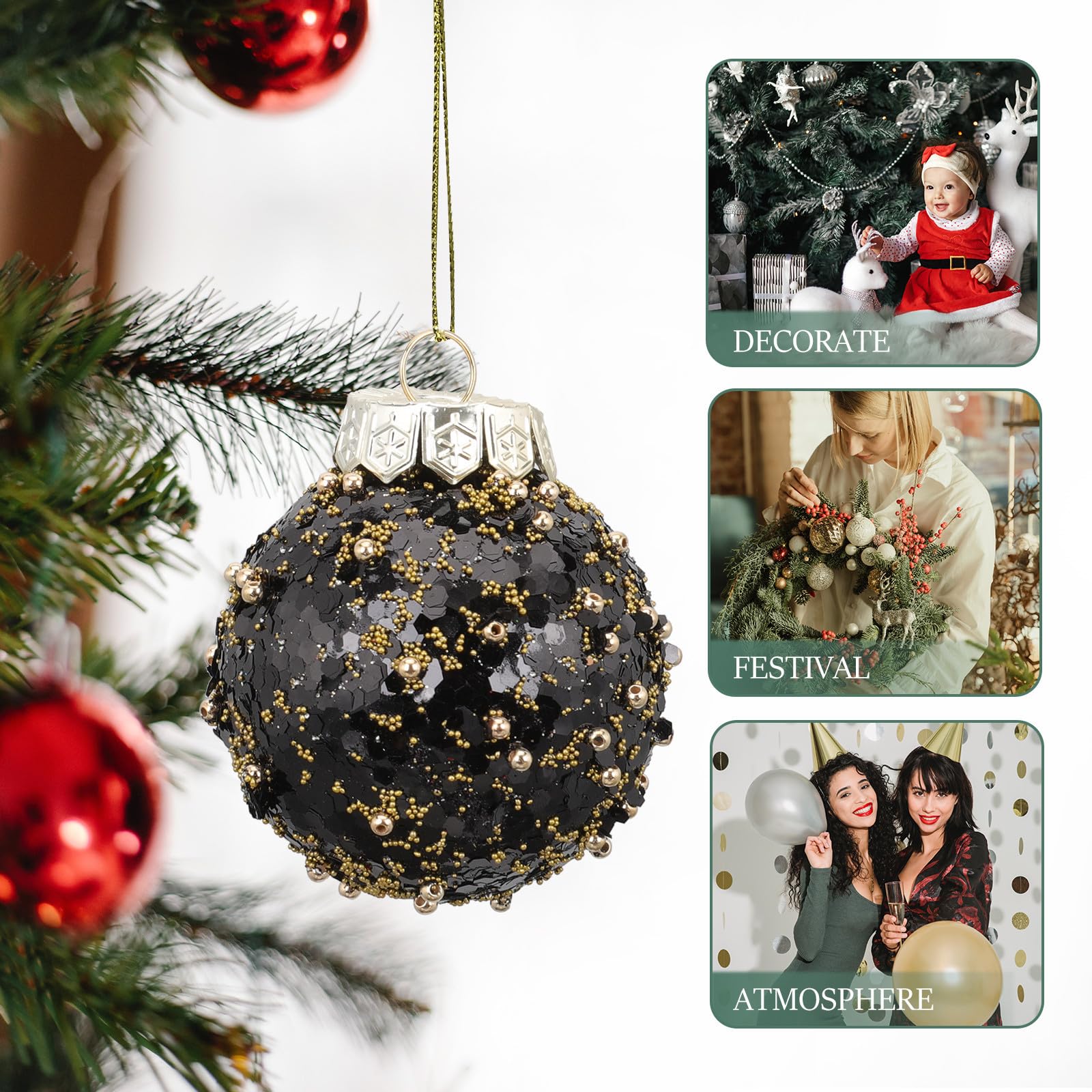 PACKOVE 25 Stück Weihnachtskugeln Kunststoff Shatterproof Hängende Weihnachtsdekoration für Fenster und Fotorequisiten Schwarz Weihnachtsbaumschmuck