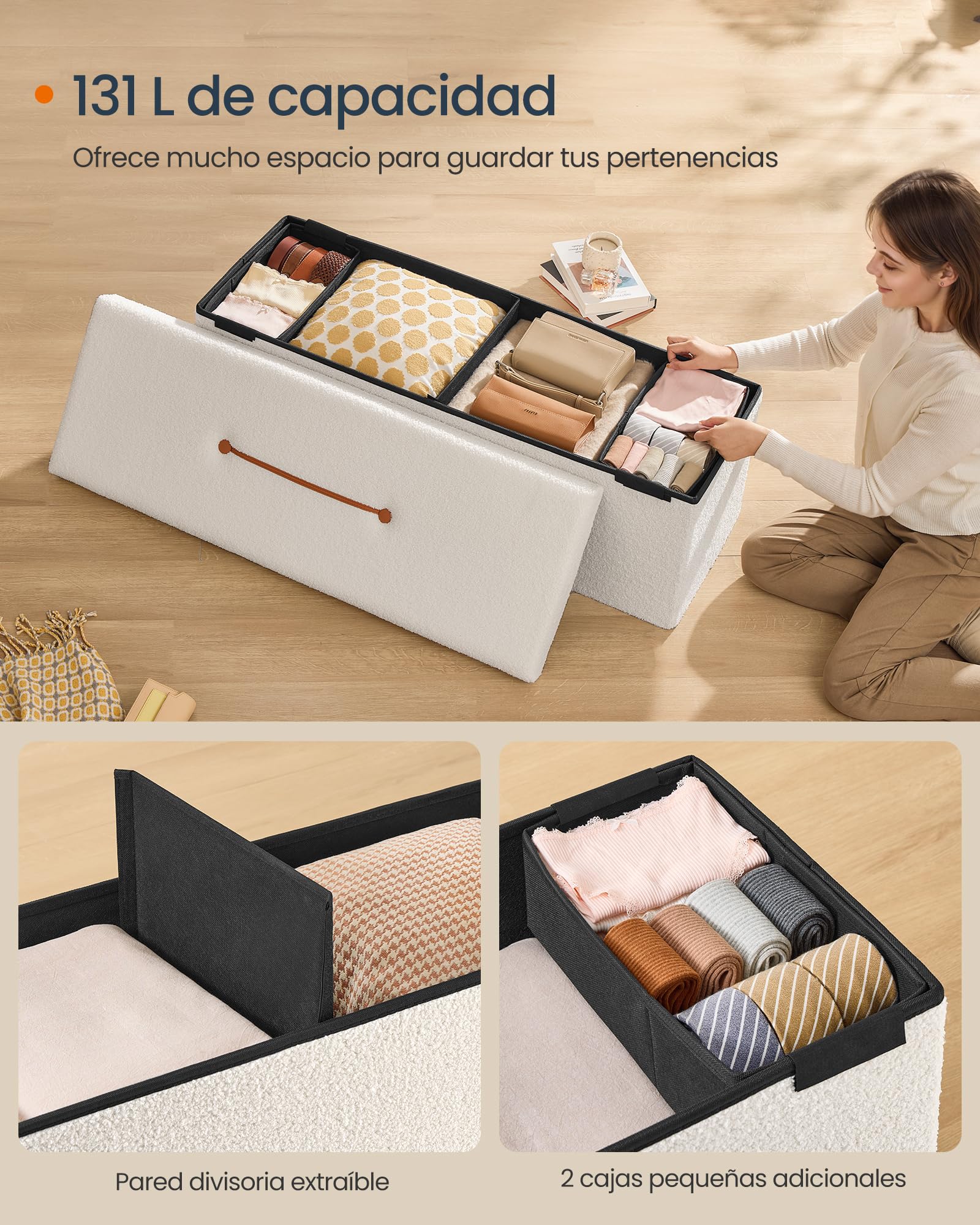 SONGMICS Puff Almacenaje, Baúl Plegable, 38 x 110 x 38 cm, Banco Almacenaje, Banco de Pie de Cama, Soporta hasta 300 kg, para Sala de Estar, Dormitorio, Entrada, Blanco Crema LSF097W01V1