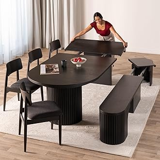 Transformer Table - Solid Wood Extendable Round Dining Table Set with Bench and 4 Chairs, Seats 4-10, Extendable Round Dining Set, Smoked Hickory, Black Finish (Table + Bench + 4 Chairs)