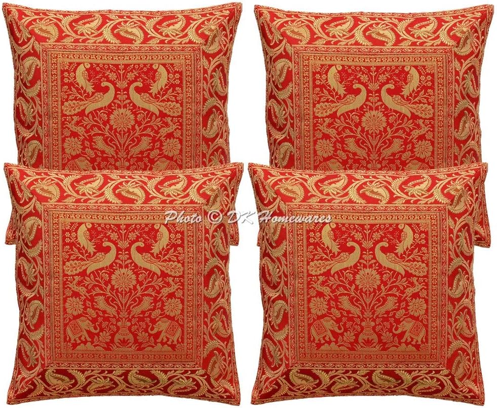 Ethnic Decorative Couch Throw Pillow Covers 16 x 16 Inch Brocade Jacquard Peacock Boho Square Toss Cushion Covers (Size - 40x40 cm ; Color: Maroon & Gold) - Set of 4 Pcs (Cover Only)