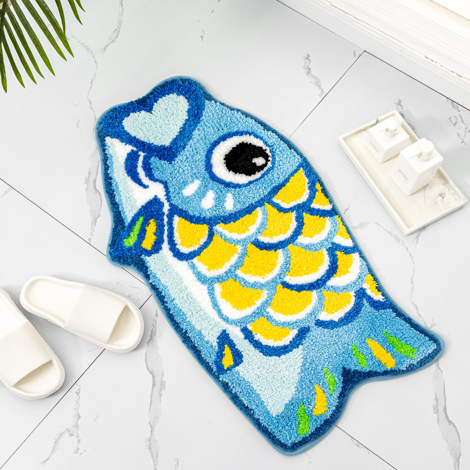 Cute Blue Fish Koi Bathroom Rug, Non Slip Cartoon Bath Mat Funny Bathroom Rugs and Mats Absorbent Shower Rugs for Kids Floor Mat Carpet Decor Bathtub