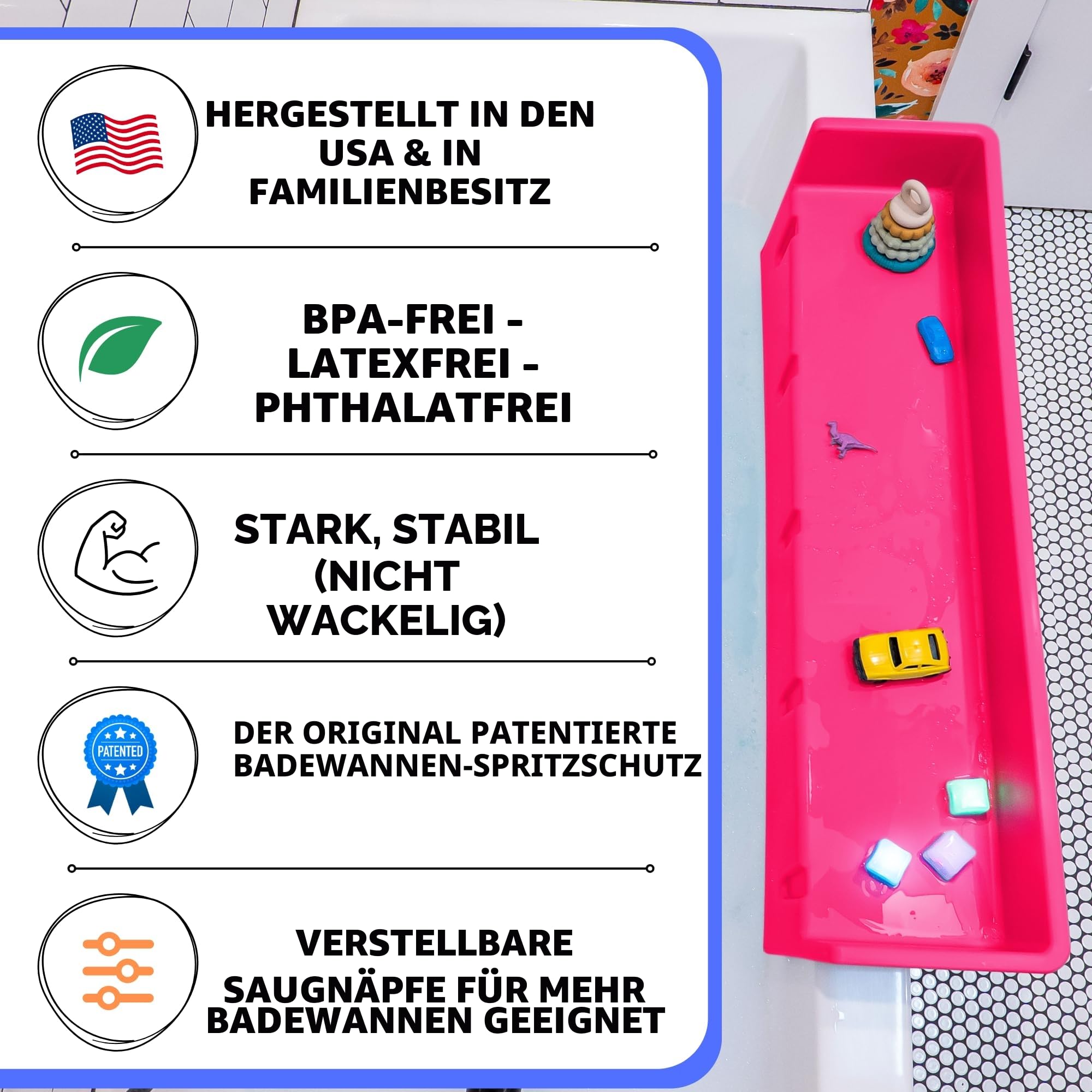 Tub Topper® Badewannen-Spritzschutz, Spielregal – Spielzeug-Tablett-Halterung – Saugnäpfe zur Befestigung an der Badewanne – kein Durcheinander von Wasser im Badezimmer – Spaß für Kleinkinder, Kinder,