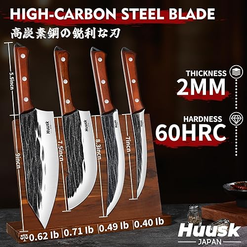 Miniatura 7 de Huusk Juego de cuchillos de carnicero, 4 cuchillos de barbacoa forjados a mano para cortar carne, cuchillos afilados para cortar carne con mango