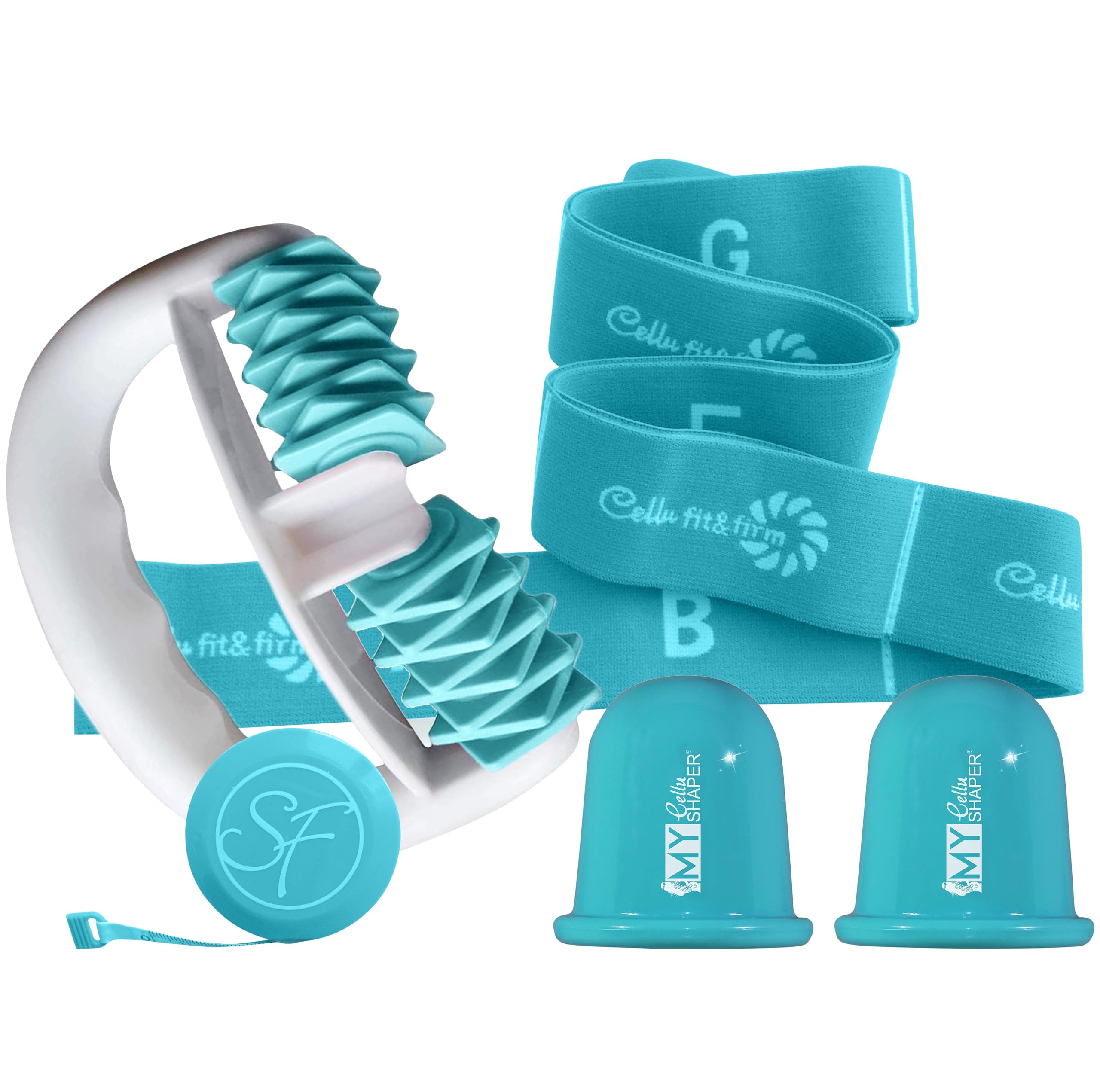 Cellulite Massage Set N°2 - enthält 1 My Body Shaper Massageroller, 2 My Cellu Shaper Silikon Cups (5,5 cm), und 1 Yoga Band - Für straffe Haut (Türkis)