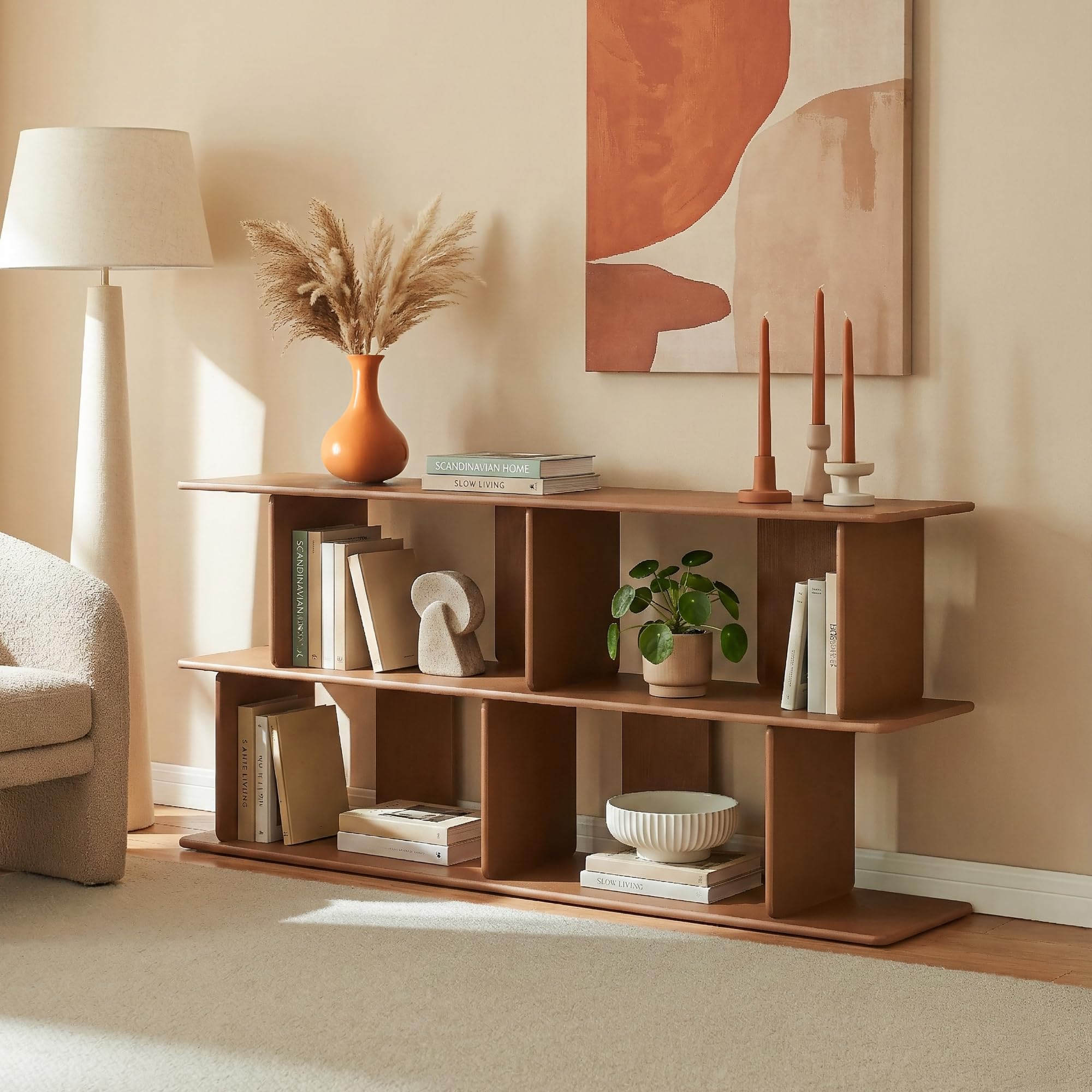 [en.casa] Estantería Gäljami Librería Escalonada con 4 Compartimentos Abiertos Separador de Ambientes Mueble TV para Despacho Oficina Sala de Estar 160 x 35 x 74 cm - Efecto Nogal