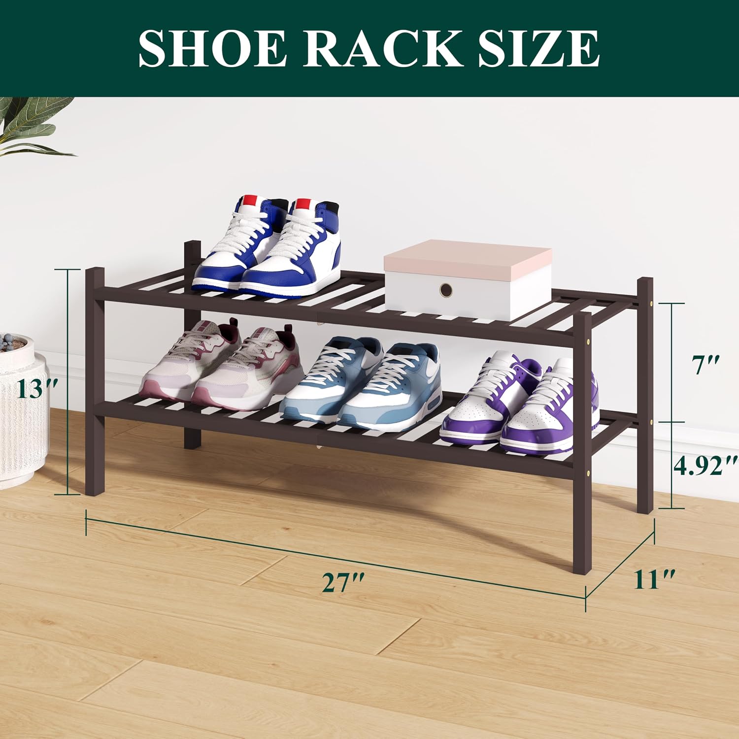 smiry bamboo shoe rack for closet, 2 tier wooden shoe organizer, stackable wood shoe storage shelf for entryway, 14 vertical slats, one-piece heavy-duty legs, 26.77"x11.02"x12.99", brown brown 2 tier - medium