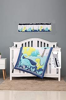 5 PCs Blue Dinosaur Themed Nursery Crib Bedding Set Baby Boy Dino Thematic Cot Bedding Set Quilt +Fitted Sheet + Dust Ruffle +Window Valance + Diaper Storage Bag