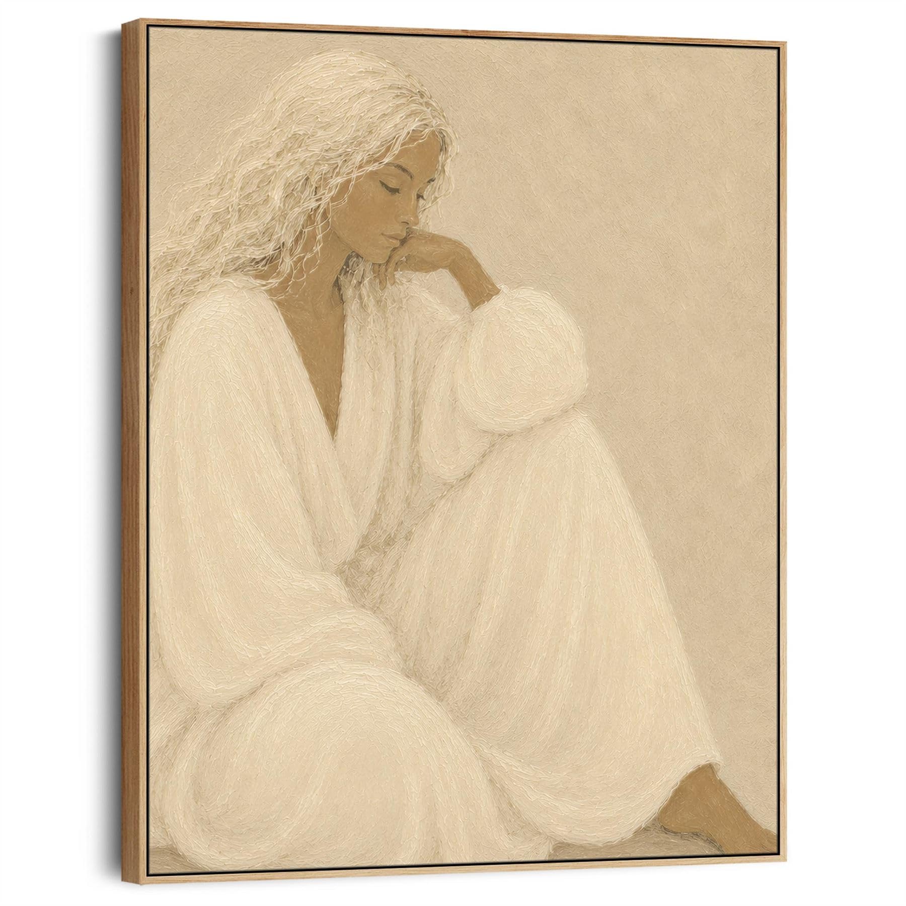 Wallfillers Neutral Beige Framed Artwork - Feminine Woman - Thoughtful Elegance 2 - (84Cm X 100Cm)