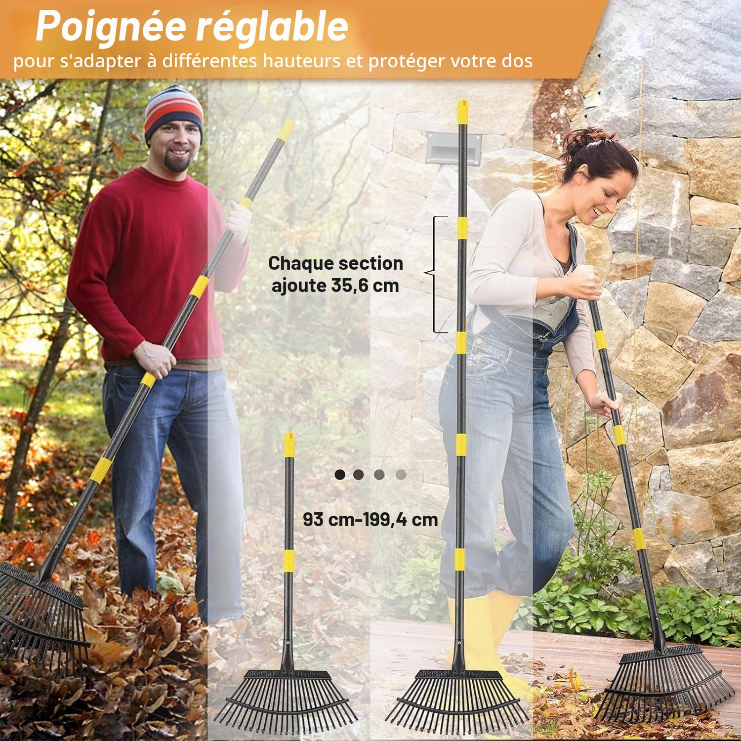 FLY HAWK Râteau à Feuilles, 165cm Râteau de Jardin avec Manche Réglable et 25 Dents Renforcées, 45cm Grande Surface Râteau de Jardin pour Nettoyer Plantes, Pelouse et Cour
