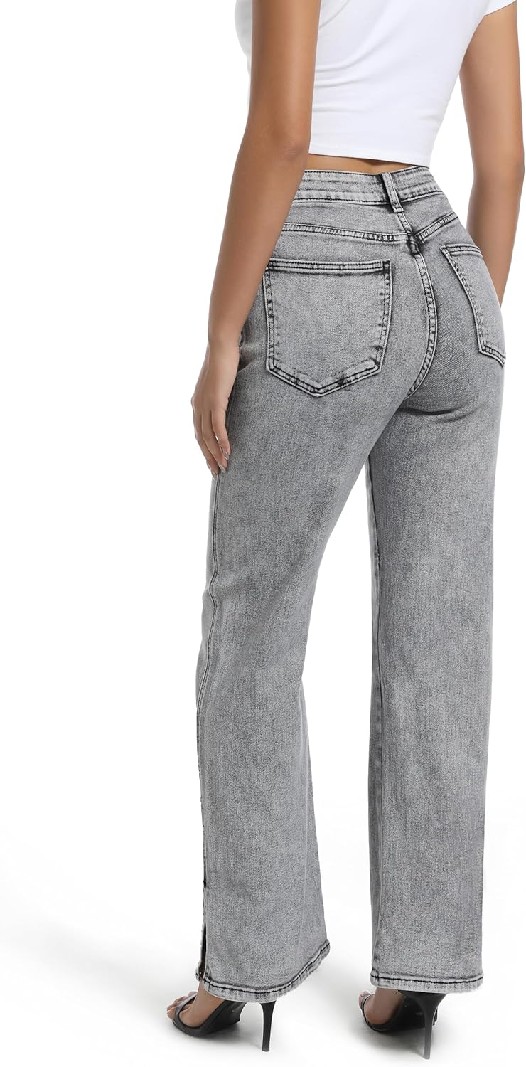 Womens Jeans High Waisted Stretchy Straight Leg Split Hem Jeans for Women Trendy Classic Denim - Image 3