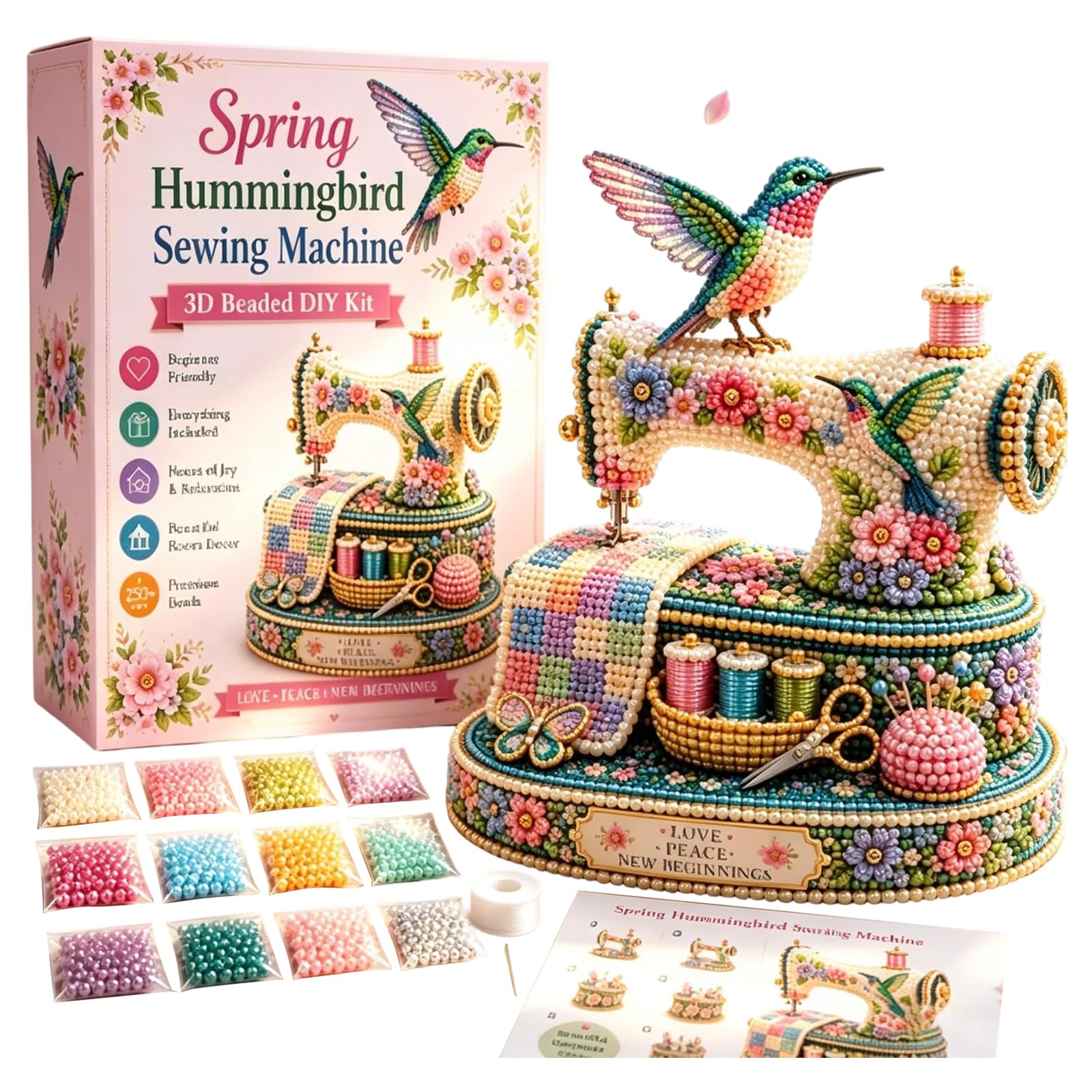 Spring Hummingbird Sewing Machine 3D Beaded DIY Kit with Instructions Handmade Bead Art Kit 3D Bead Making Kit for Adult Beginners & Craft Enthusiasts