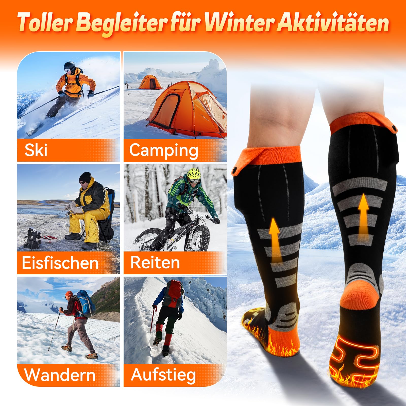 Beheizbare Socken, 5000mAh x 2 Akku Heizsocken mit APP Steuerung, Fußwärmer Elektrisch Beheizte Damen Herren, Wiederaufladbare Wärmende Heizung 4 Temperatur für Skifahren Radfahren Camping
