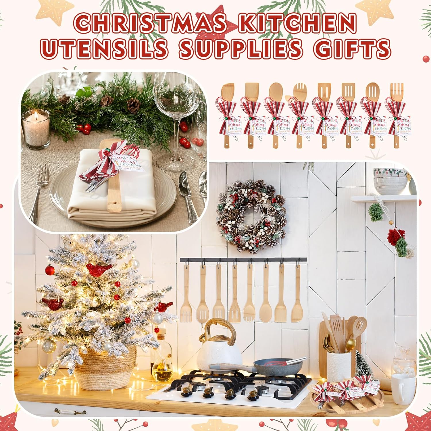 24 Set Christmas Whisk Kitchen Utensils Supplies Gifts Sets Christmas Spatulas Stainless Steel Whisk Bamboo Spoons Towel Greeting Card Bells for Xmas Cooking Employee Stocking Stuffer