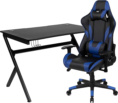 Miniatura 443 de Flash Furniture Juego de escritorio para juegos negro y silla de carreras blanco/negro con soporte para tazas, gancho para auriculares y soporte