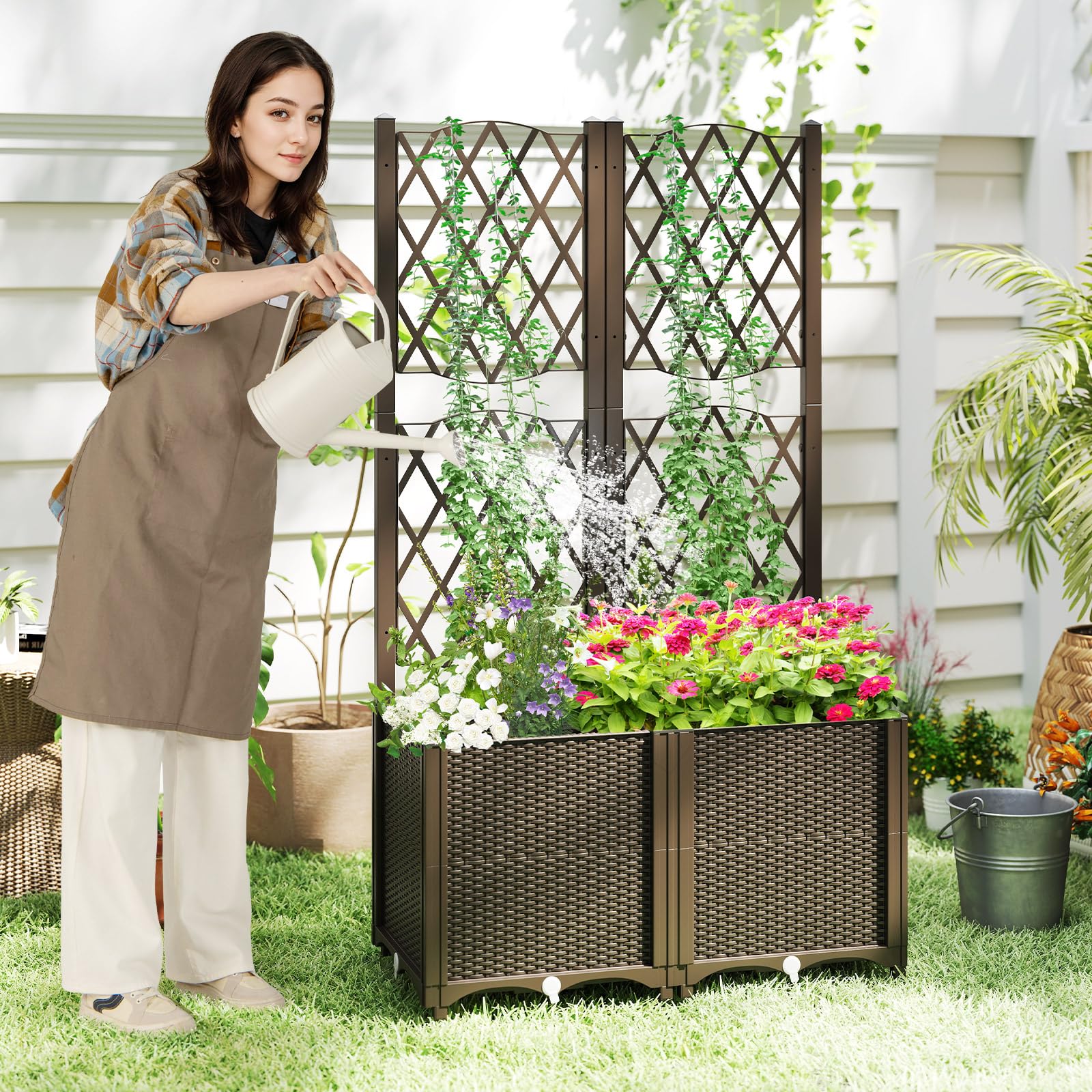 HOMASIS Jardinera con Celosia Exterior de PP, Jardinera Elevada Rectangular con Soporte para Plantas Trepadoras, Autoriego,Cama de Jardín Grande para balcón,Terraza,Patio (marrón, 80x40x140cm)
