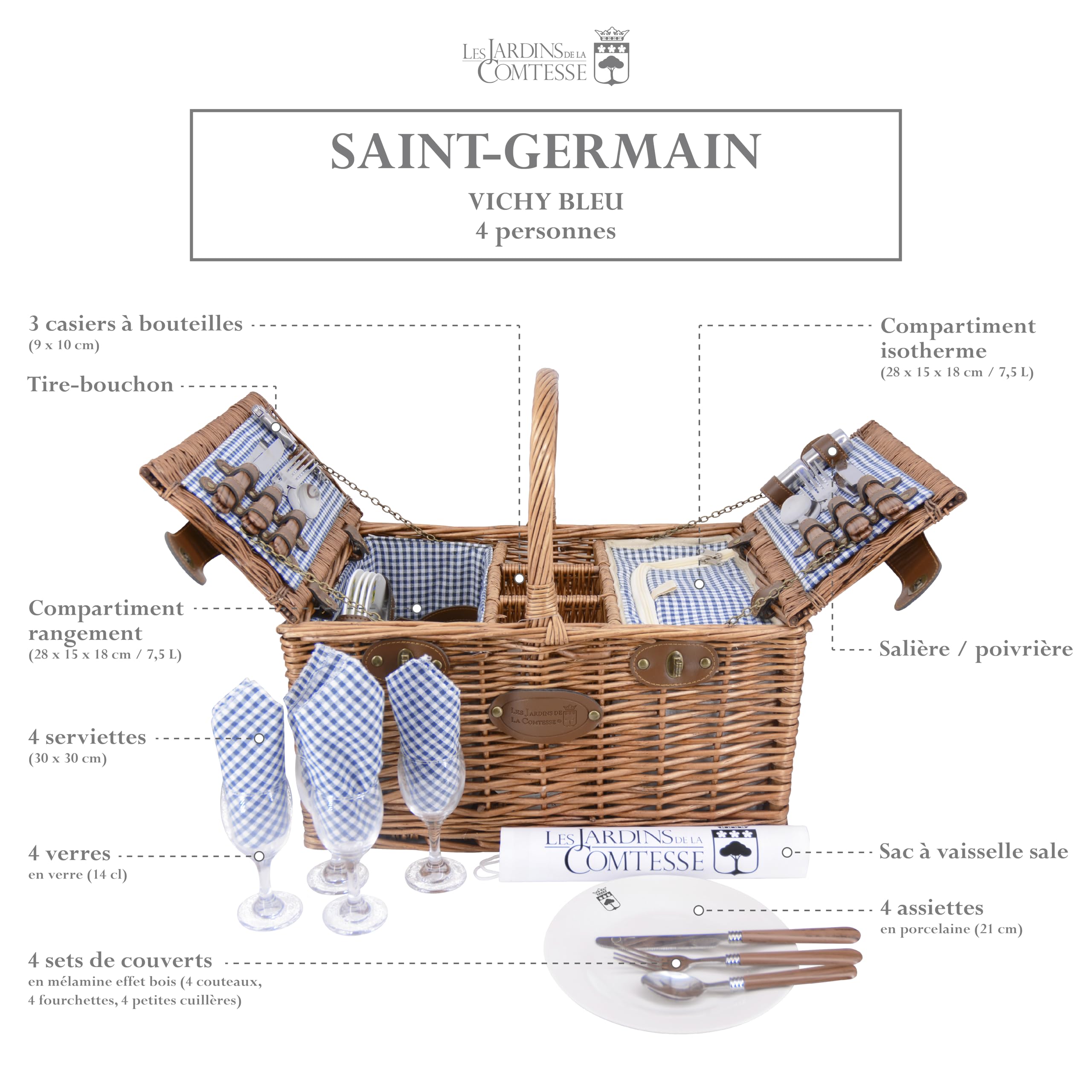 Les Jardins de la Comtesse – Cesta de picnic Saint Germain Vichy Bleu – 4 personas – Refrigerador isotérmico – Taquillas 3 botellas – Platos cerámica – 48 x 35 x 26 cm