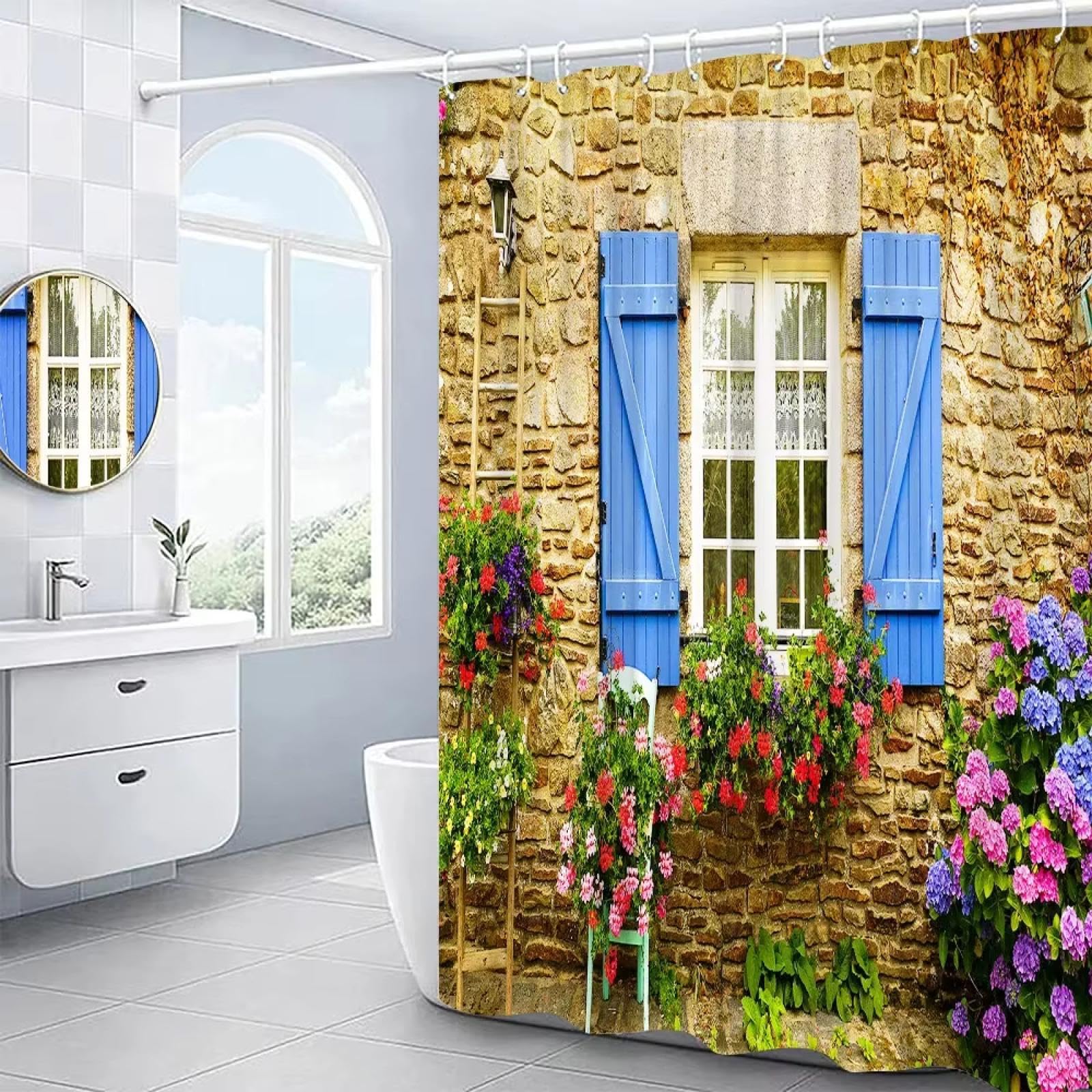 Rideau de douche à fleurs et paysage d'Europe de 123x220 cm pour ensemble de salle de bain