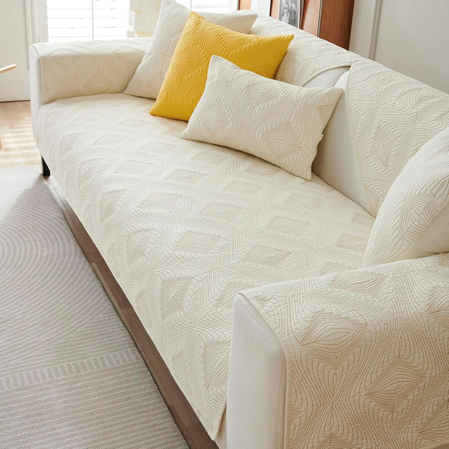 vctops Farmhouse Solid Cotton Sofa Cover for 2 or 3 Cushion Couch Covers Anti-Slip Geometric Quilted Sofa Slipcover for Dogs Cats Pet Love Seat Recliner Armrest Backrest Cover(Cream,28"x70")