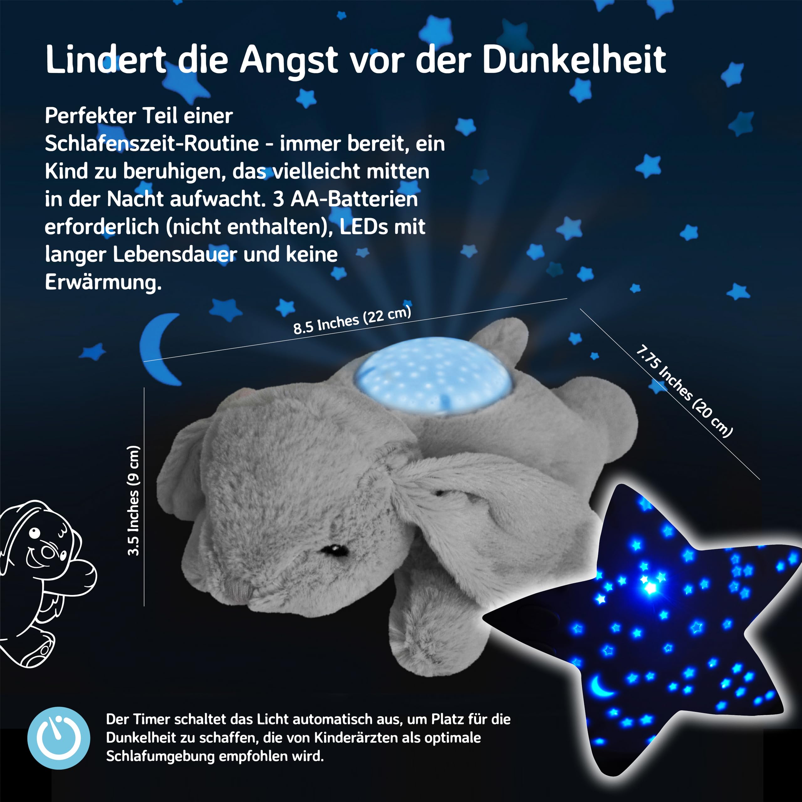 Cloud b Baby Nachtlicht Projektor & Beruhigende Schlafhilfe für Kleinkinder | Kuscheltier Sternenprojektor & Nachtlicht für Kinder | Automatische Abschaltung | Tragbares Schlaflicht | Benny der Hase