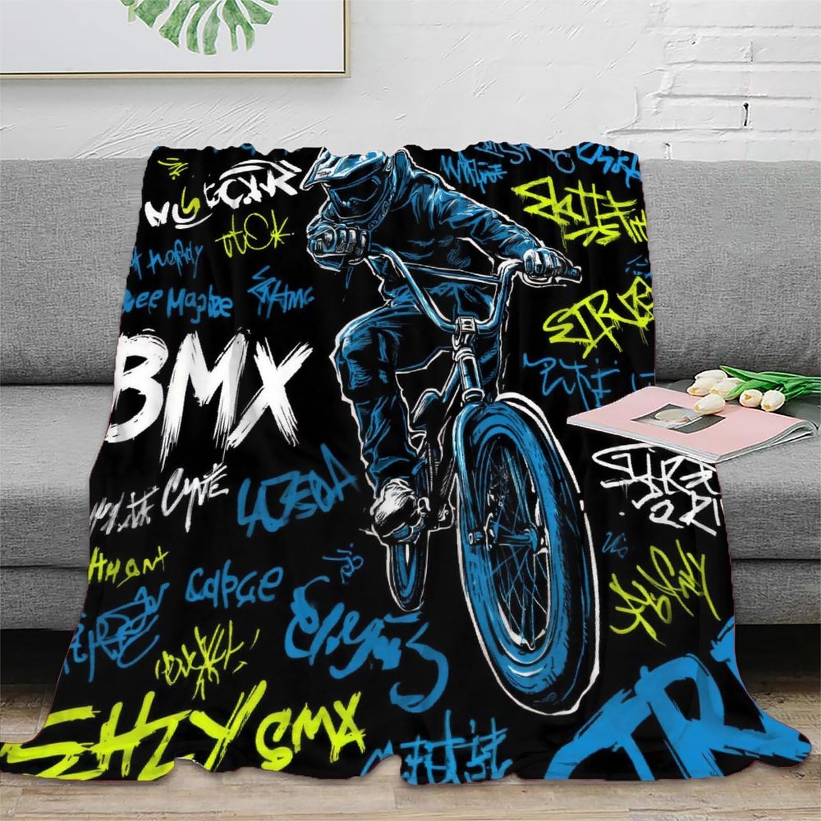 stampa 3D BMX rider action coperta da viaggio microfibra biancheria da letto compatta coperta da viaggio morbida per regali per chi viaggia per lavoro urban street arte 80×90inch(200x230cm)