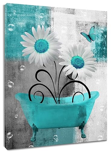 HVEST Farmhouse Floral Wall Art for Living Room, Teal Flower