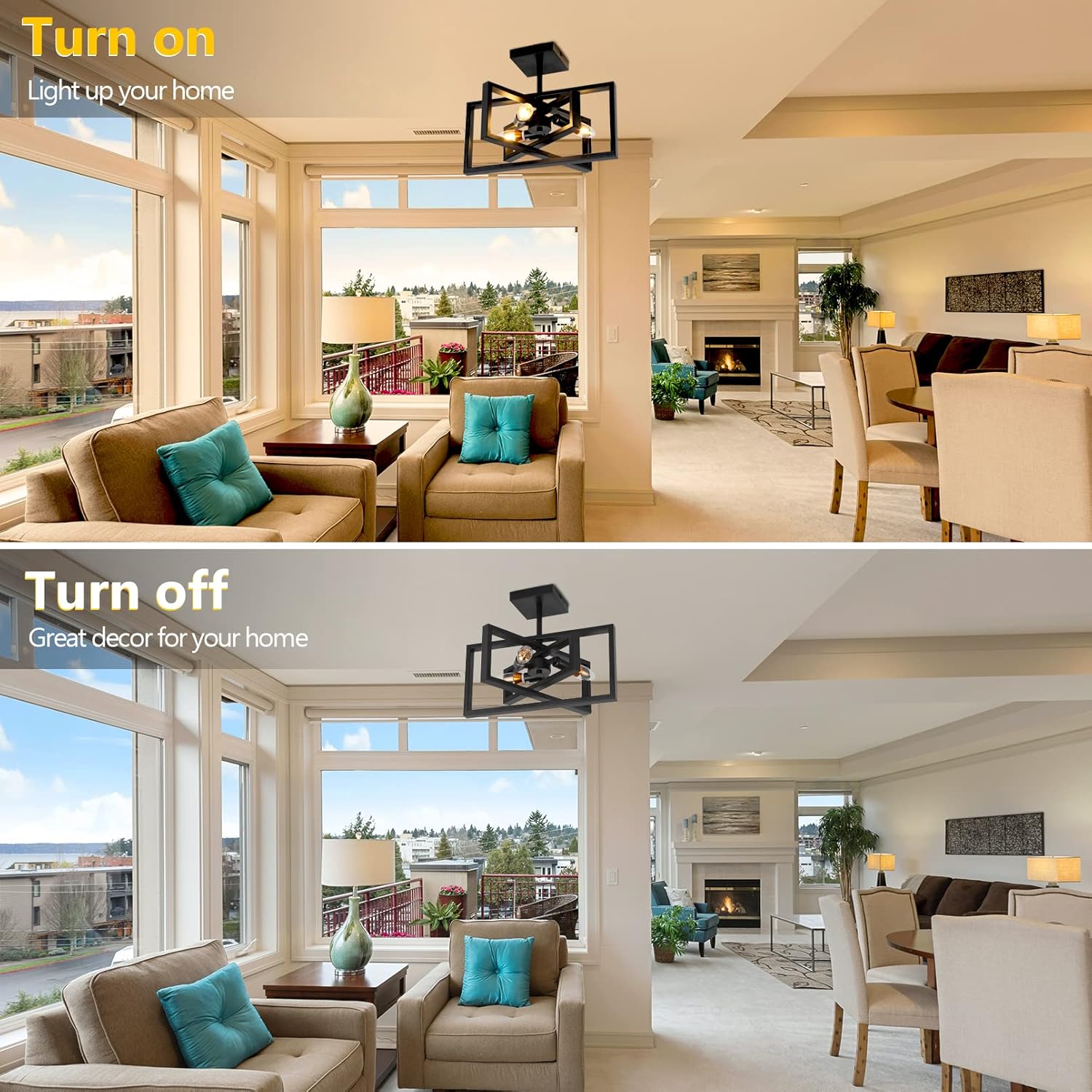 Farmhouse Black Ceiling Light 3 Lights Rectangular Chandelier with Metal Cage Semi Flush Mount Ceiling Light for Kitchen, Bedroom, Dining Room, Hallway, Foyer