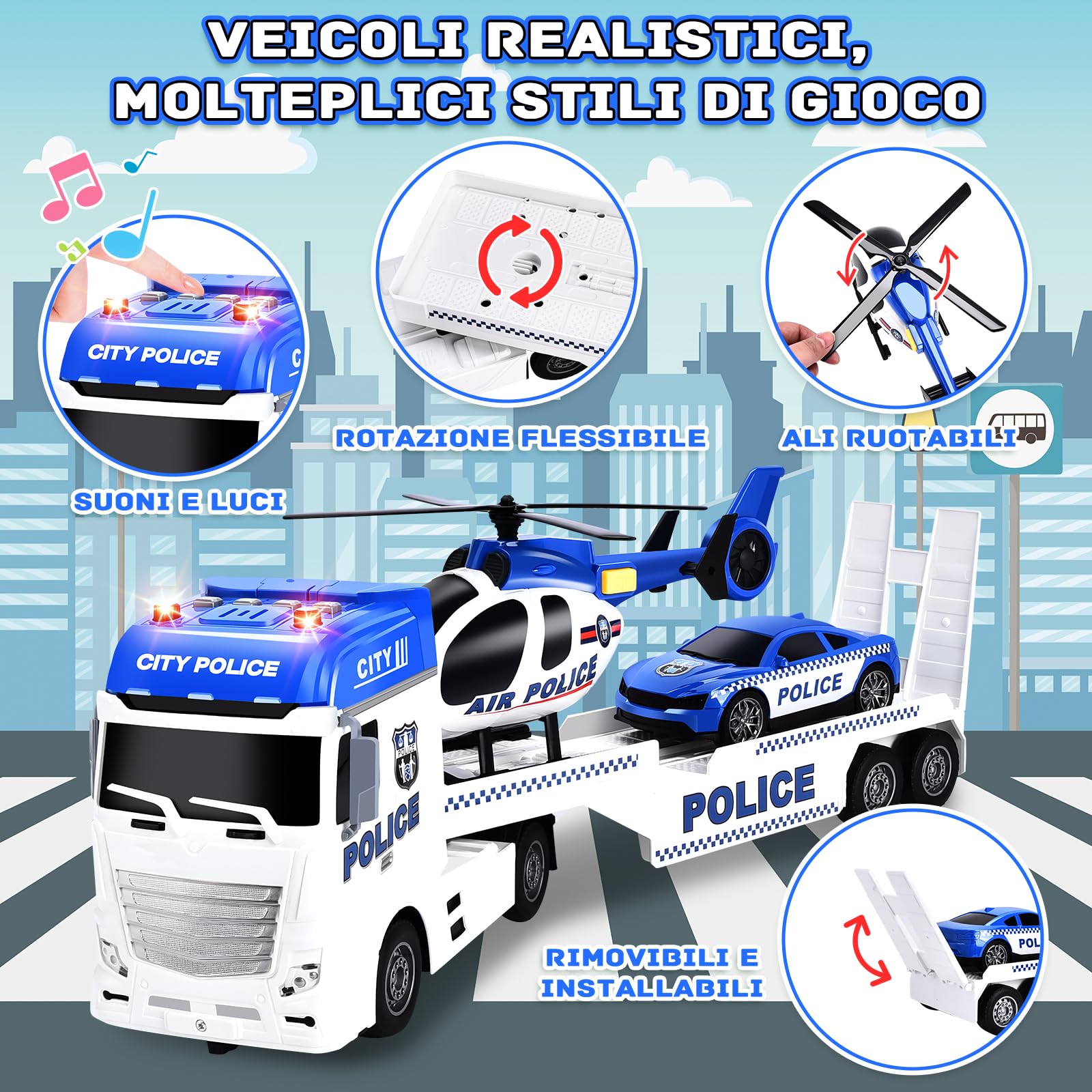 Herefun 3 in 1 Camion Polizia Giocattolo per Bambini, Grande Trasportatore Con Elicottero e Macchina da Corsa, Regalo per Ragazzi 3-6+ Anni