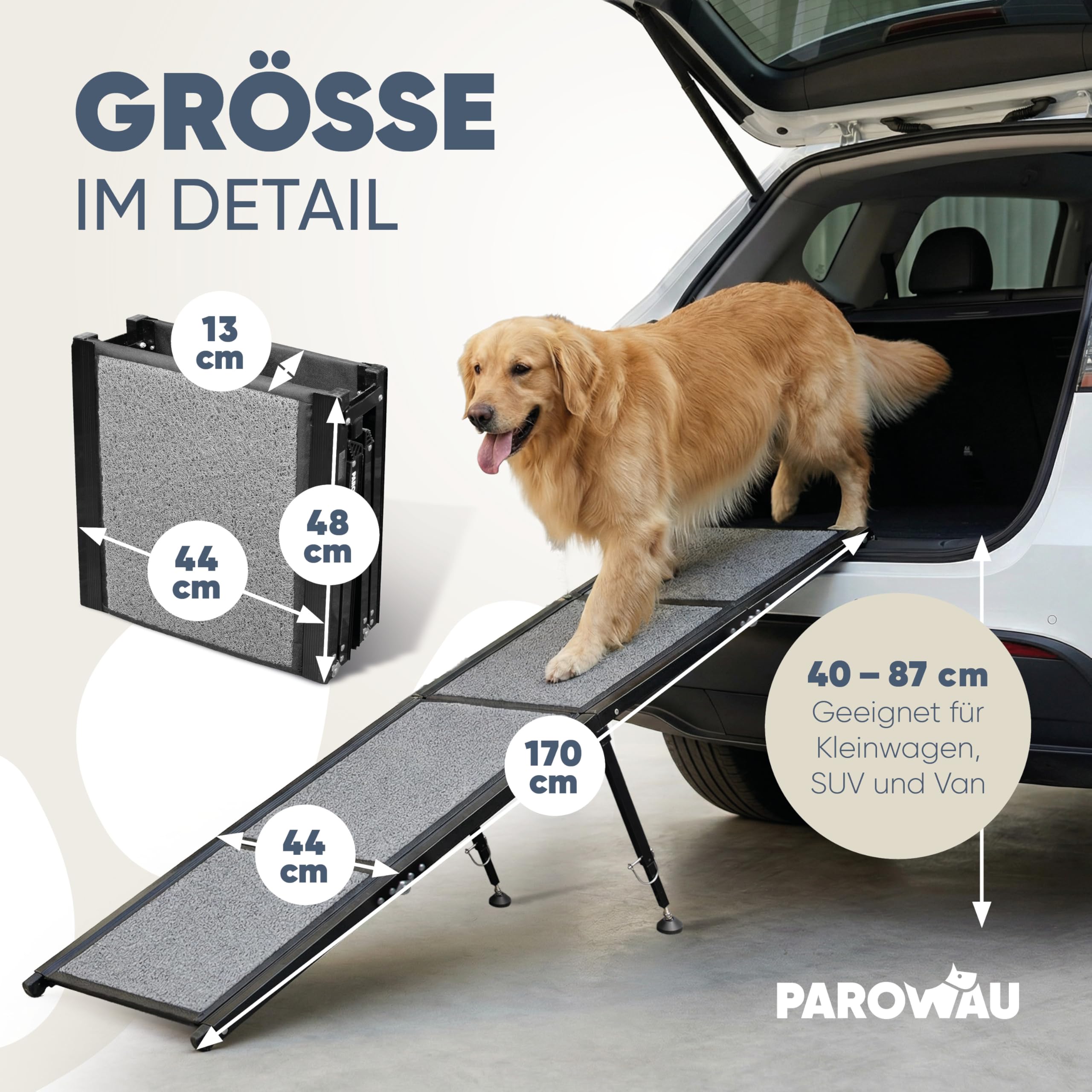 Rampa per cani per auto, pieghevole, 120 kg, extra stabile, con base aggiuntiva, 170 x 44 cm, per auto e SUV