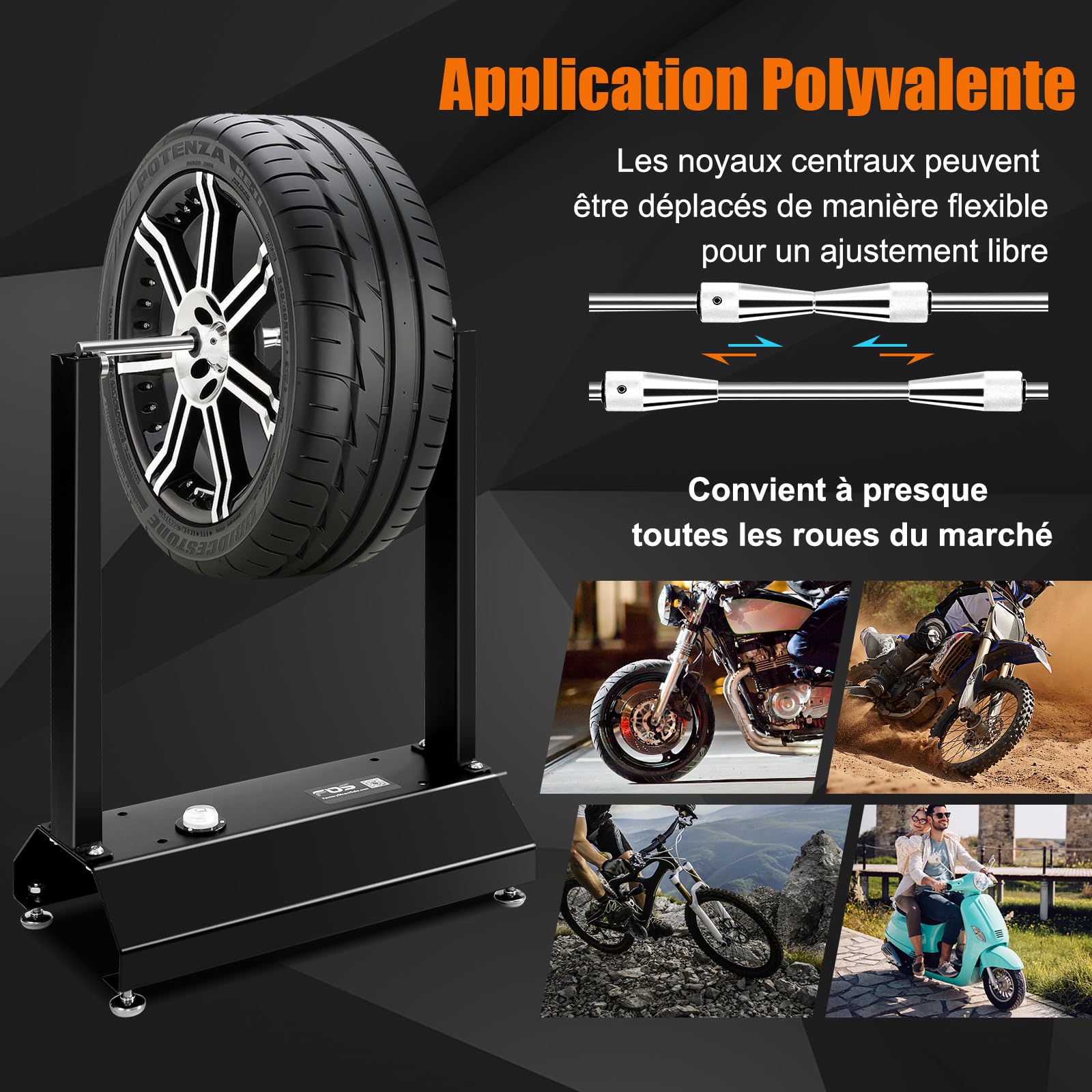 RELAX4LIFE Équilibreuse de Roue en Aluminium et Acier, Support pour Équilibrage de Pneus avec Cônes de Centrage des Roues Réglables, Travaux de Réparation de Moto, Vélo, Buggy, 40,5X22X51CM, Noir