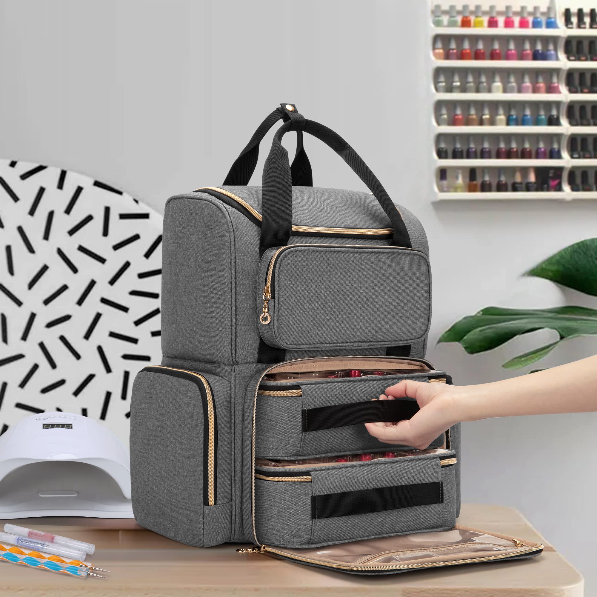 Luxja Organizer Smalti per Unghie (Versione Zaino) per 70 Bottiglie e una Lampada per Unghie, Custodia Porta Smalti per Unghie con 2 Sacchetti Rimovibili, Borsa Organizer per Smalti, Grigio